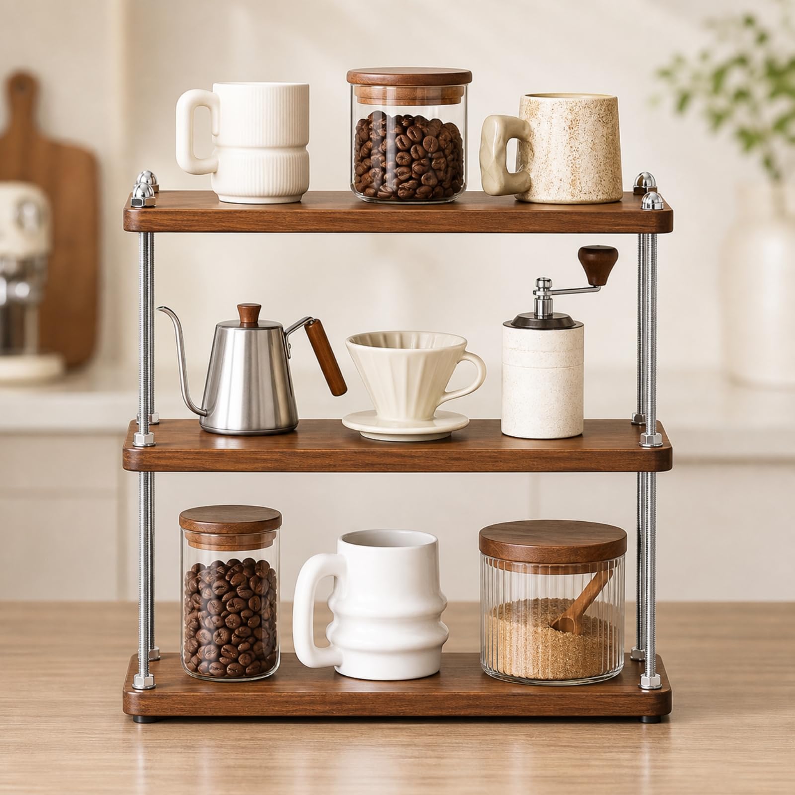 F Fityle Estería 3 Niveles con Regulables Ajustable Rack Expositivo 3 Niveles Abiertos Acabado Marrón para Café en Casa, Comedor, S