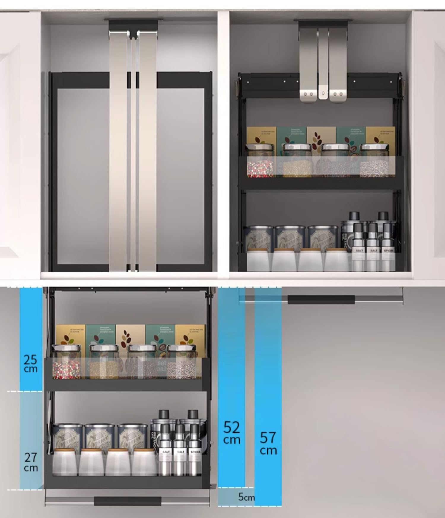 Organizer per armadietti estraibili a 2 ripiani, con ripiani estraibili, sistema di posate e portaspezie, salvaspazio, per elettrodomestici da cucina, sollevamento armadi superiori (510 x 260 x 530