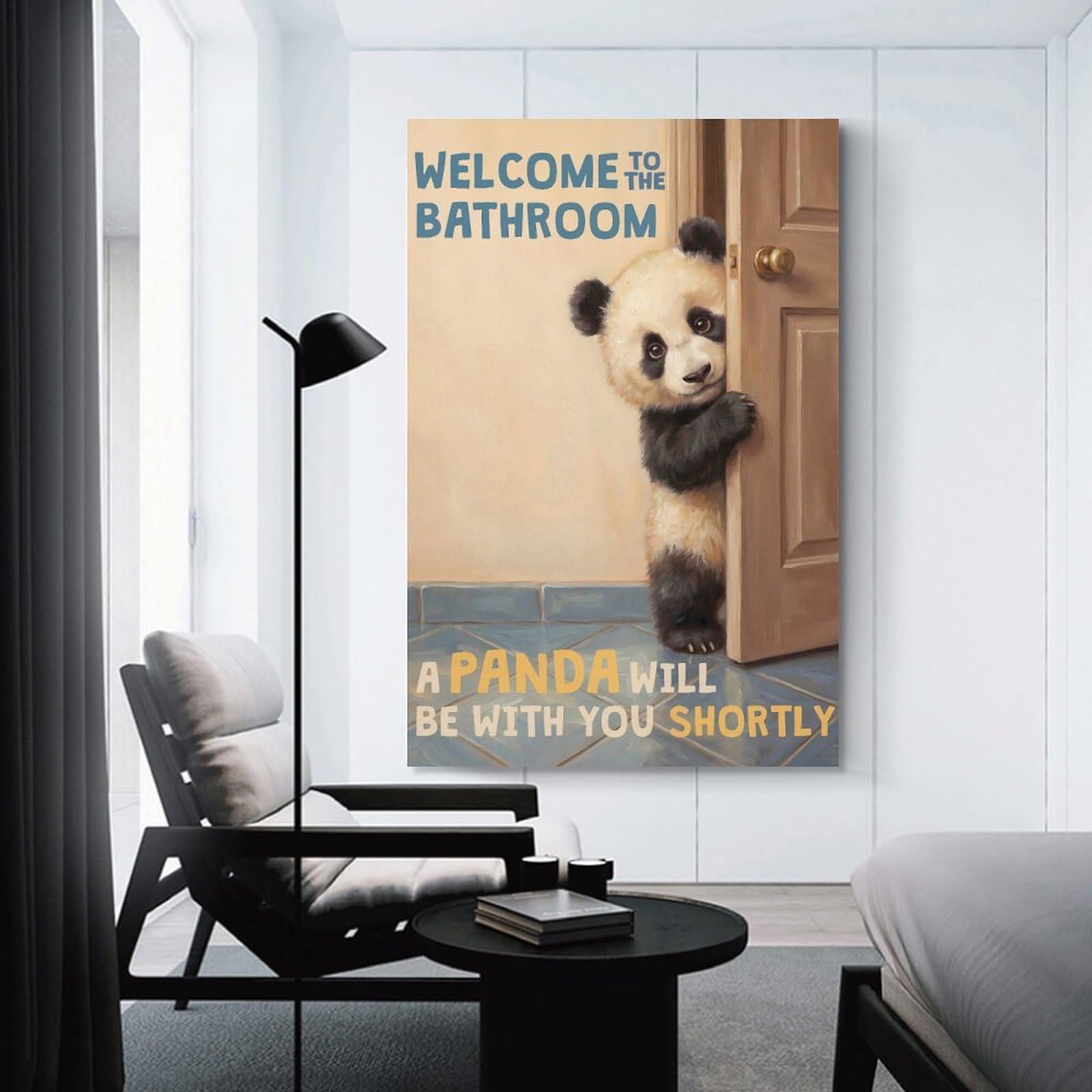 Junmoney Welcome to The Bathroom Panda Wall Decor Canvas Print 08x12inch(20x30cm), for Sofa Walls, Lounge Or Home Corners, Modern Wall Decor for Cosy Interiors