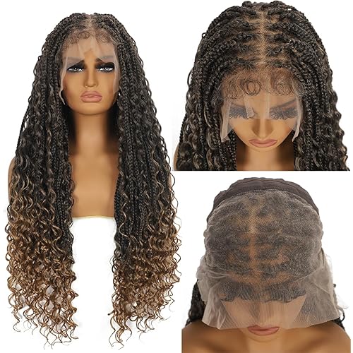 28 Inch Half Lace Front Braided Wigs for Black Women Knotless Braids Wigs Bohemian Boho Braids Goddess Box Braided Wig with Baby Hair (T27, 28 inch)