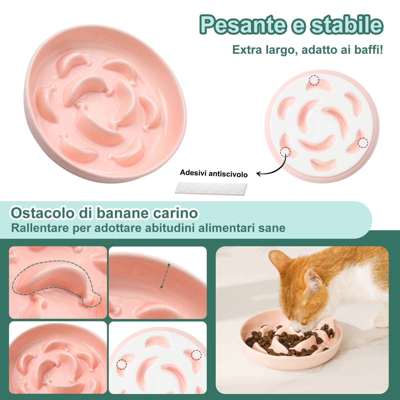 Ciotola Anti Ingozzamento Gatto Ceramica Alimentazione Lenta Pastello Lavabile in Lavastoviglie Rosa Chiaro 16x3 cm