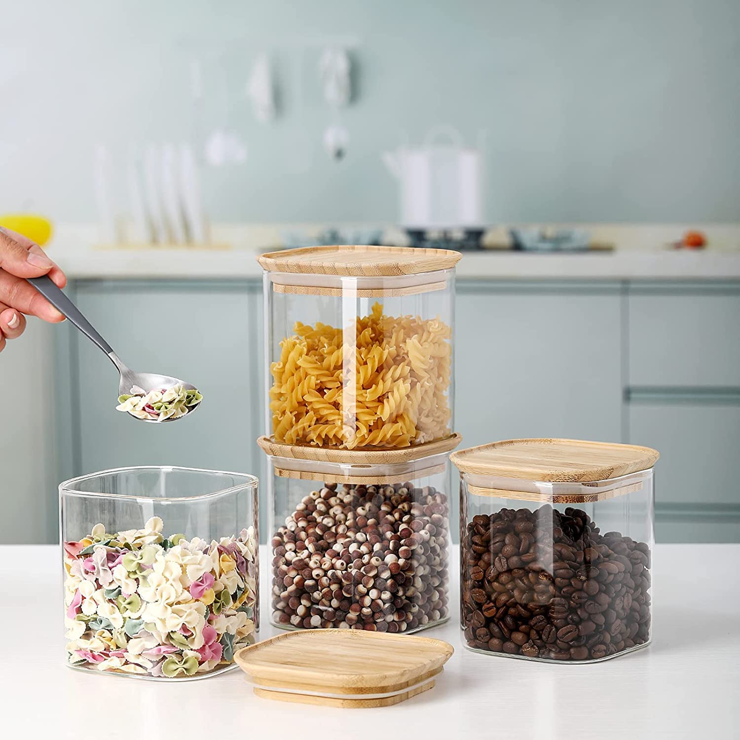 Buy Bold & Wide Square Glass Jars with Wood Lids Set of (6) 950 ml