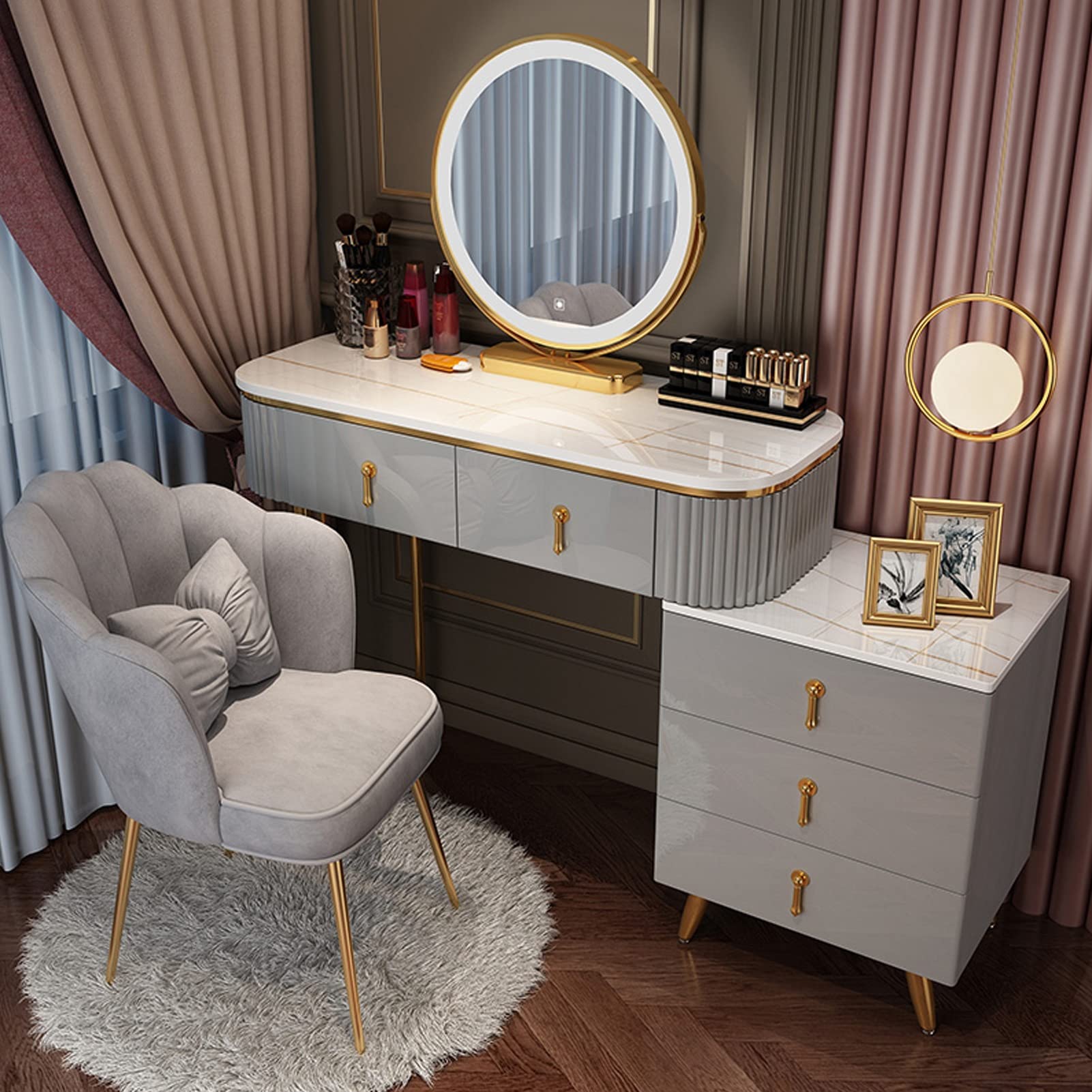 asdchZen Makeup Vanity Set With Dimmable Led Mirror Dressing Table & Cushioned Stool 3 Color Options Elegant Home Bedroom Studio Decor White & Black 100Cm