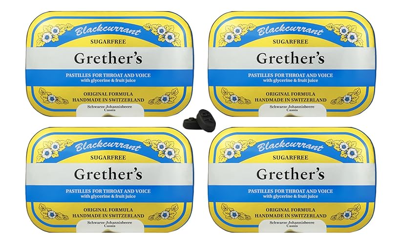 GRETHER'S Sugarfree Blackcurrant Pastilles Remedy for Dry Mouth Relief - Soothing Throat & Healthy Voice - Gift for Singers - 4-Pack - 3.75 oz. - 3.75 Ounce (Pack of 4) - Blackcurrant