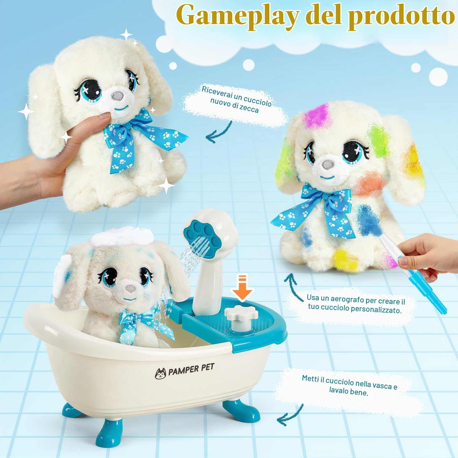 Toylink Cane Giocattolo Bambina, Peluche Cane con Vasca da Bagno a Spruzzo e Penne Lavabili, Regali Compleanno Bambina, Giocattoli Creativi per Bambini 4 5 6 7 8 Anni per Natale
