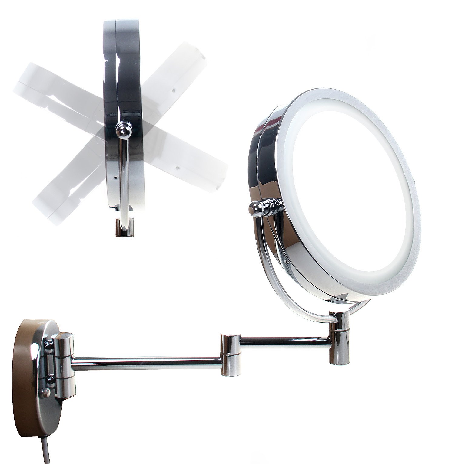 TUKA 8,5 Pouces LED Maquillage Miroir Mural 10X grossissant, Réel Métal Chromé, Double Visage Cosmétique Rasage Tournant Miroir Lumineux Extension Pliant, chromage, TKD3129-10x