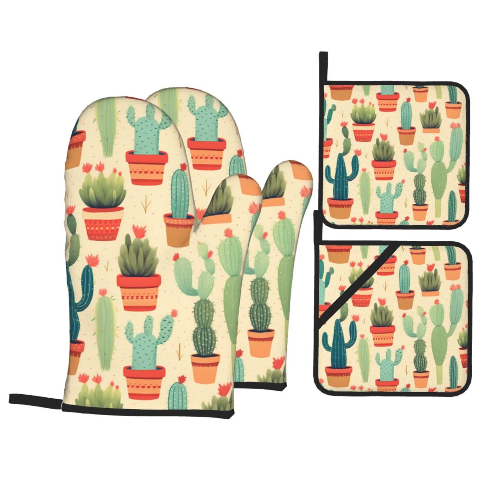 HJFCZH Watercolour Cactus Picture Kitchen Baking Set of 4 Thick Insulated Oven Mitt & Pot Holders, Anti-Scalding for Microwave, Oven, Outdoor BBQ