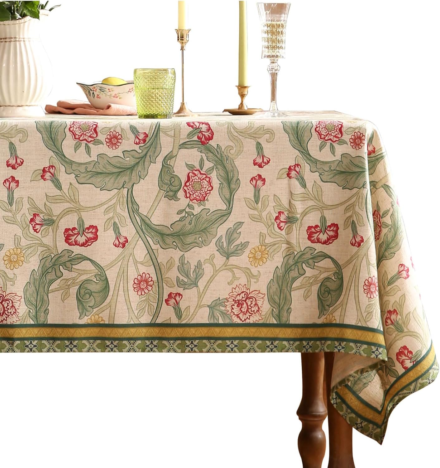 patdrea Designer Green Tablecloth for Rectangle Tables,Vintage Linen with Leaves and Flowers Pattern Tablecloths,Farmhouse Floral Table Cover Cloth Decor for Kitchen Dining Christmas,55"*87" Cecilia a 87" x 55" (Rectangular)