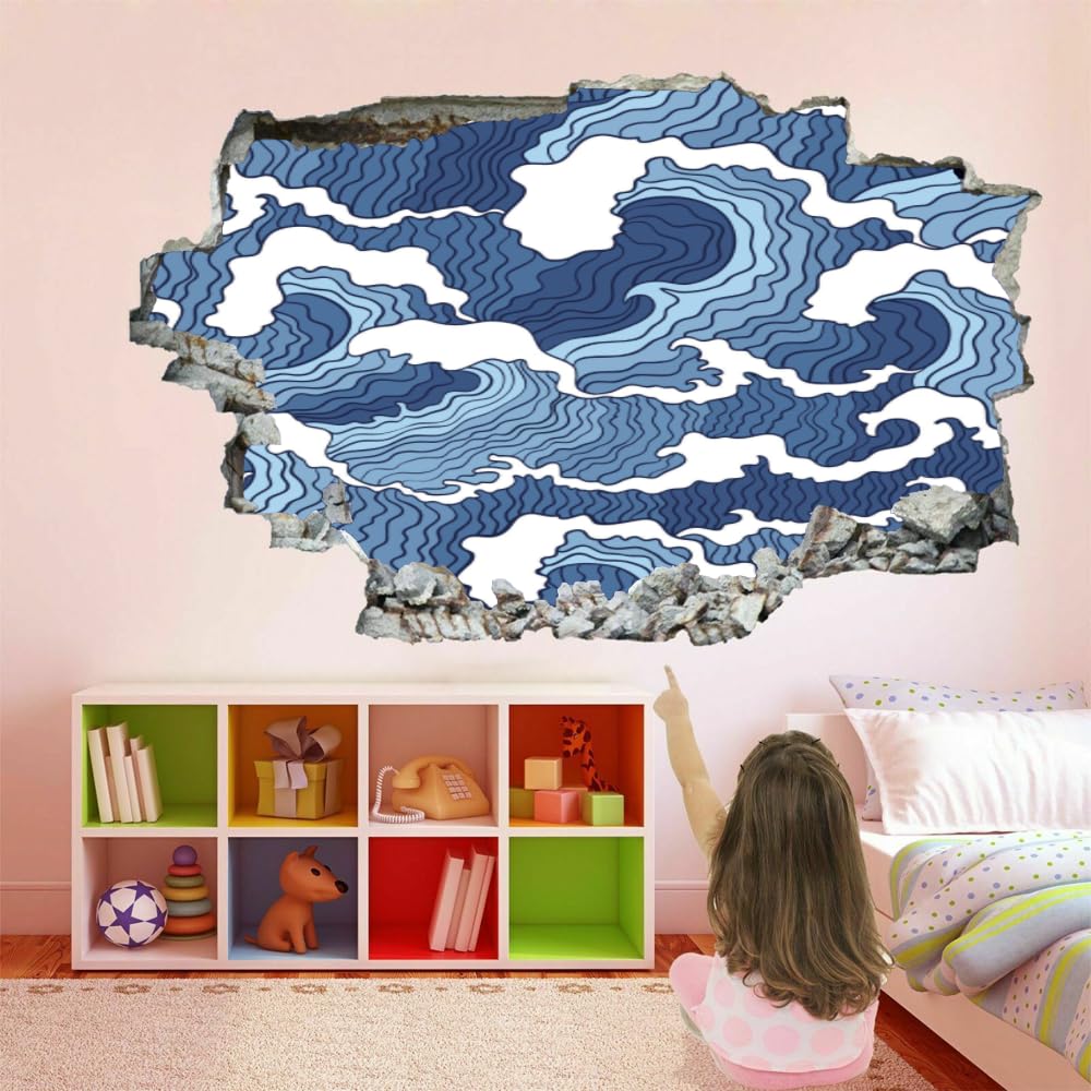 Adesivi murali 3D Murales fracassati Onde blu Decalcomanie da pavimento rimovibili Arte Arte astratta per camera da letto Soggiorno Porta del bagno Cucina Ufficio Nursery Decorazione murale
