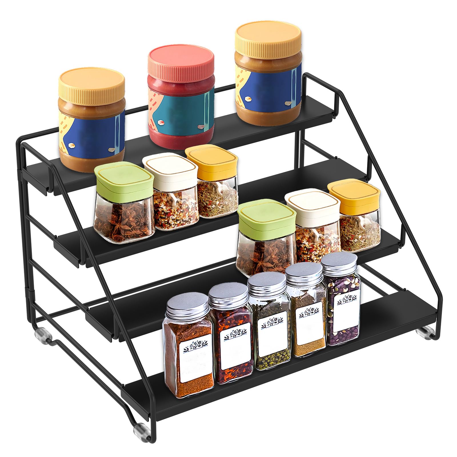 Qinglang Black 4 Tiered Spice Rack Organiser Free Standing Kitchen Countertop Organizer Seasoning Holder Rack Spice Storage Organisers For Kitchen Cabinet Bedroom Bathroom(Black)