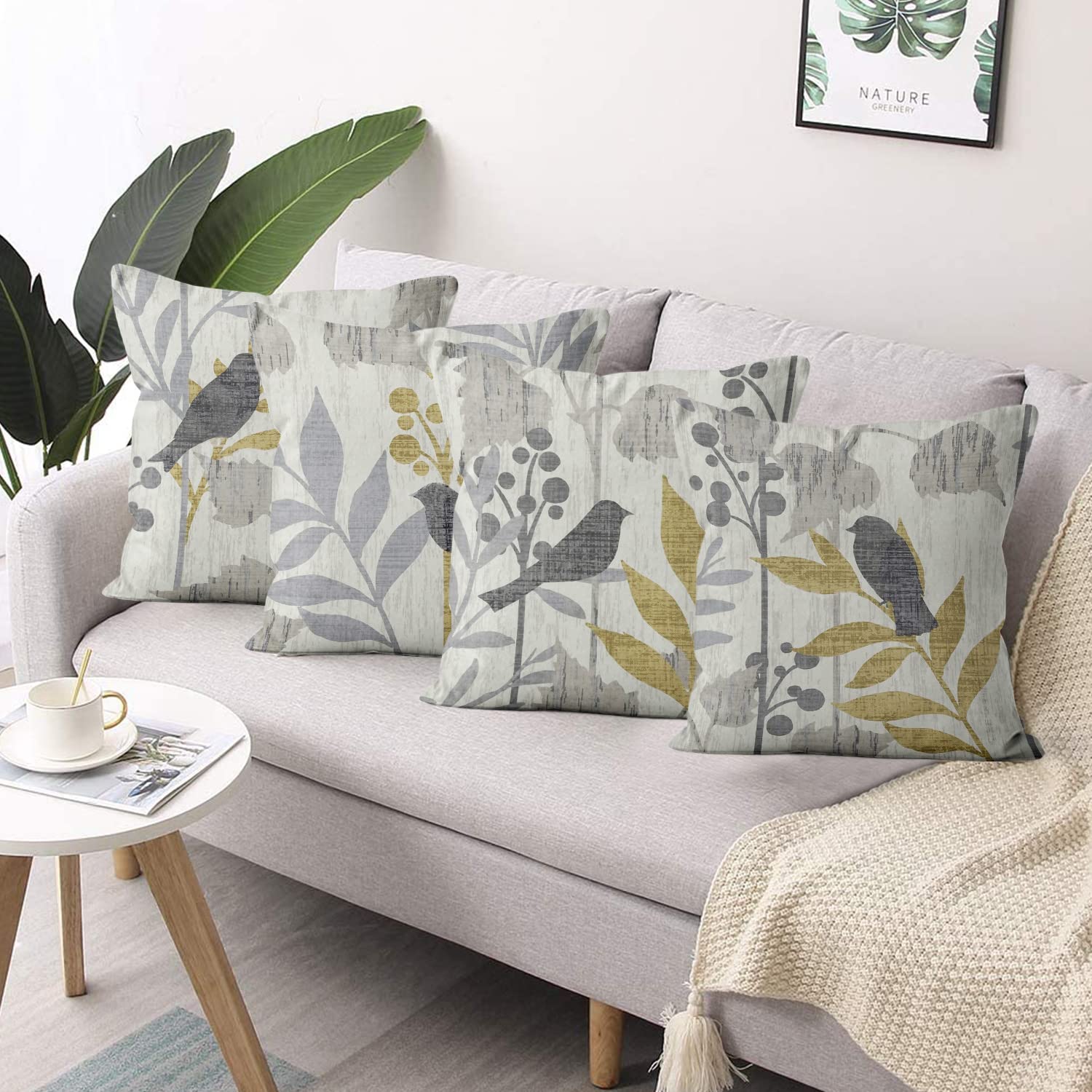 ASDCXZ Spring Pillow Cover 40x40 cm 4er Set, Retro Flower Leaves Bird Grey Sofa Cushion Covers, Washable Polyester Flax Textile Outdoor - Image 2