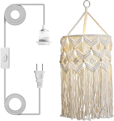 Bioaqua Pantalla de lámpara bohemia, pantalla colgante de macramé, lámparas bohemias hechas a mano con cable enchufable, lámpara colgante bohemia