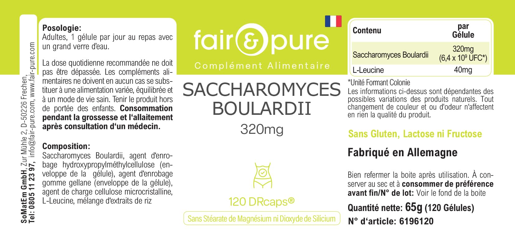 Fair & Pure® - Saccharomyces boulardii - 120 capsules - 6,4 milliards de levures probiotiques sous forme de DRcaps