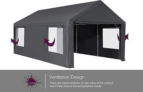 Miniatura 5 de Luckyberry Cochera resistente de 12 x 20 pies con ventanas ventiladas enrollables, garaje portátil con paredes laterales y puertas extraíbles para