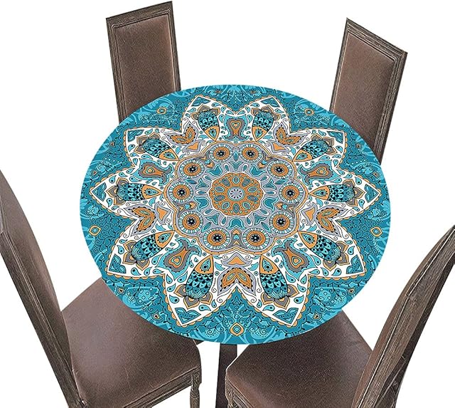 Fansu Round Tablecloth Waterproof Wipe Clean, 3D Mandala Polyester Stain Resistant Circular Tablecloths Fitted Elastic Edged, Table Cover for Dinning Kitchen Picnic Party (Blue,Diameter 90cm)