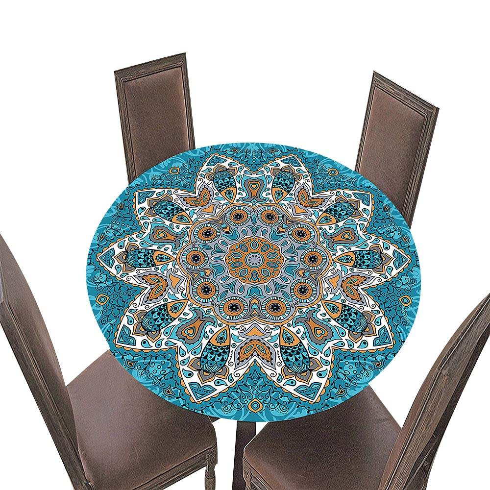 Fansu Blue Round Tablecloth Wipe Clean, 3D Mandala Polyester Stain Resistant Circular Tablecloths Fitted Elastic Edged, Table Cover For Dinning Kitchen Picnic Party (,Diameter 100Cm)