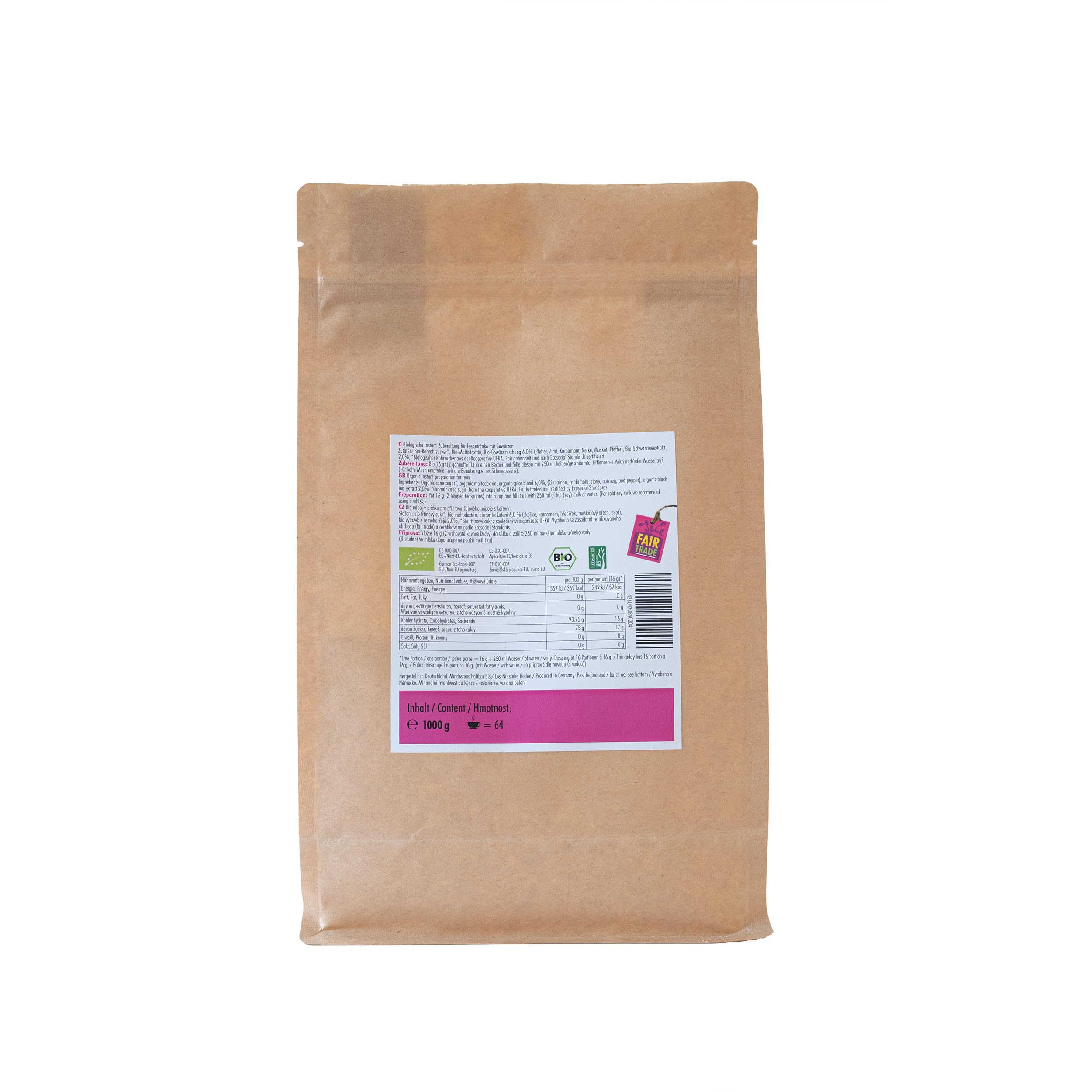Simply Chai Bio & Vegan Spicy Chai Latte Pulver, 1kg Vorratsbeutel – Kräftiger indischer Gewürztee mit intensiver Schärfe & Schwarztee, instant löslich