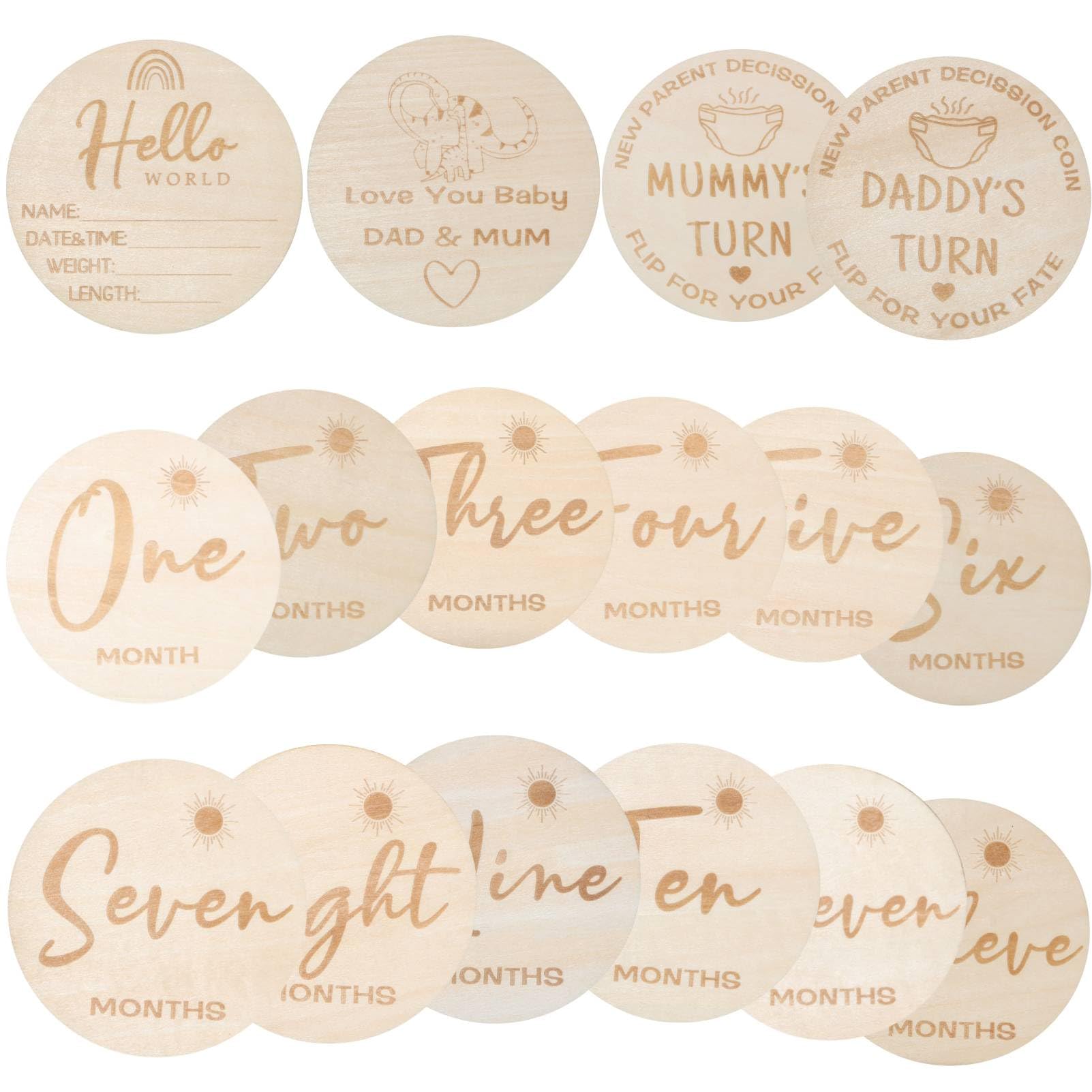 Baby Monthly Milestone Marker Discs - Wooden Discs Reversible Photo Props for Baby Announcement and Milestones,8pcs 16 Sides 1-12 Month, Baby Announcement Cards,Neutral Gift for Newborn Boy and Girl