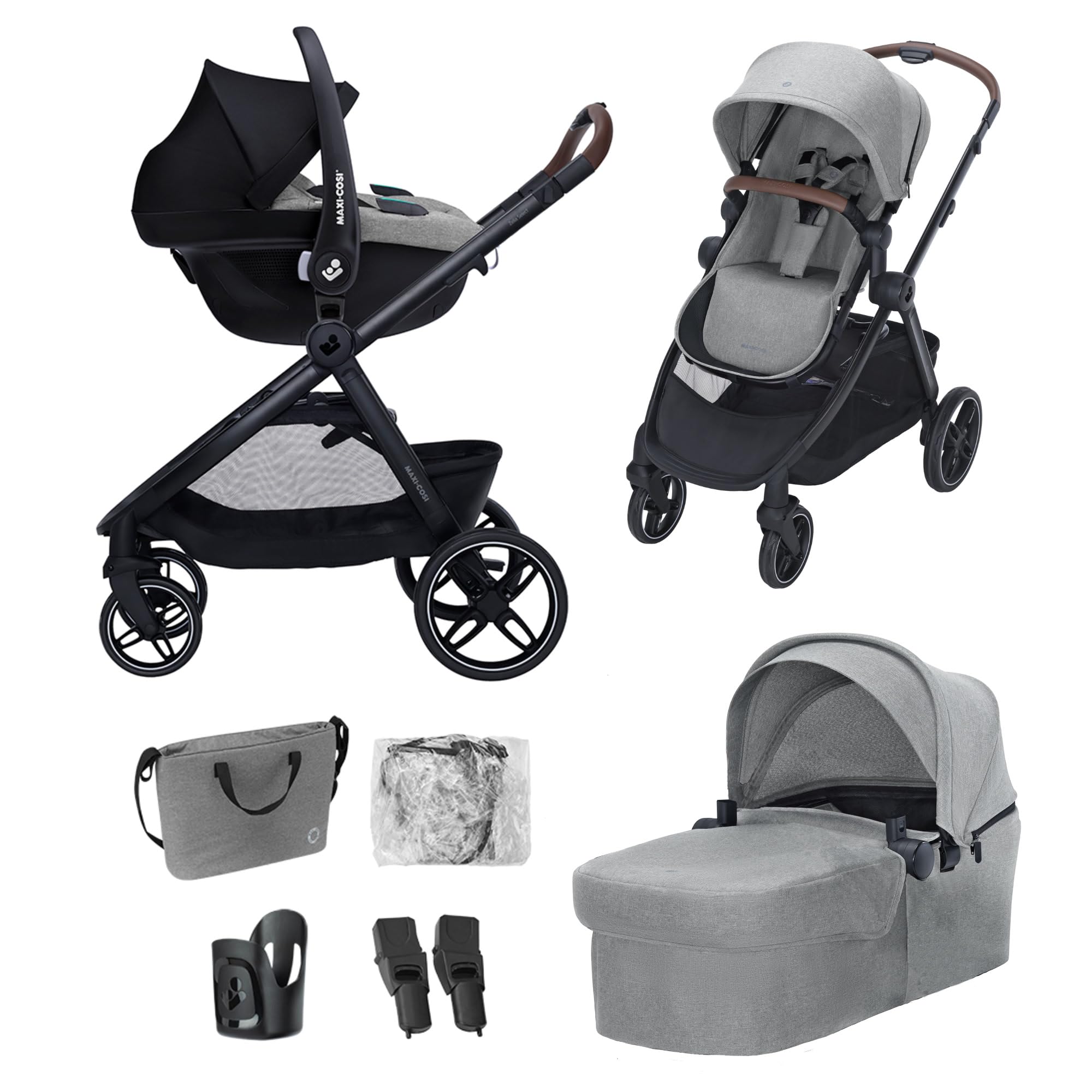 Maxi Cosi Zelia Select+,Cochecito Bebé 3 en 1 con Silla de Coche y Capazo Reversible, 0-4 Años (0-22 kg), Sistema de Viaje con Cochecito Plegado con una Mano, Silla Coche Bebé CabrioFix S i-Size, Gris