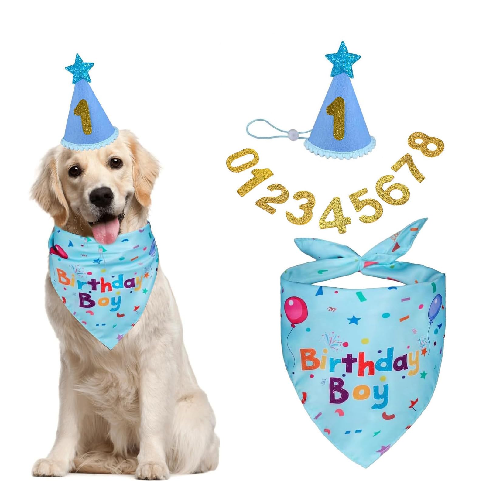 Dog Birthday Hat Kit,with Bandana and Glitter Numbers,Pet Costumes Headwear Accessories for Pet Puppy Cat Birthday Decorations