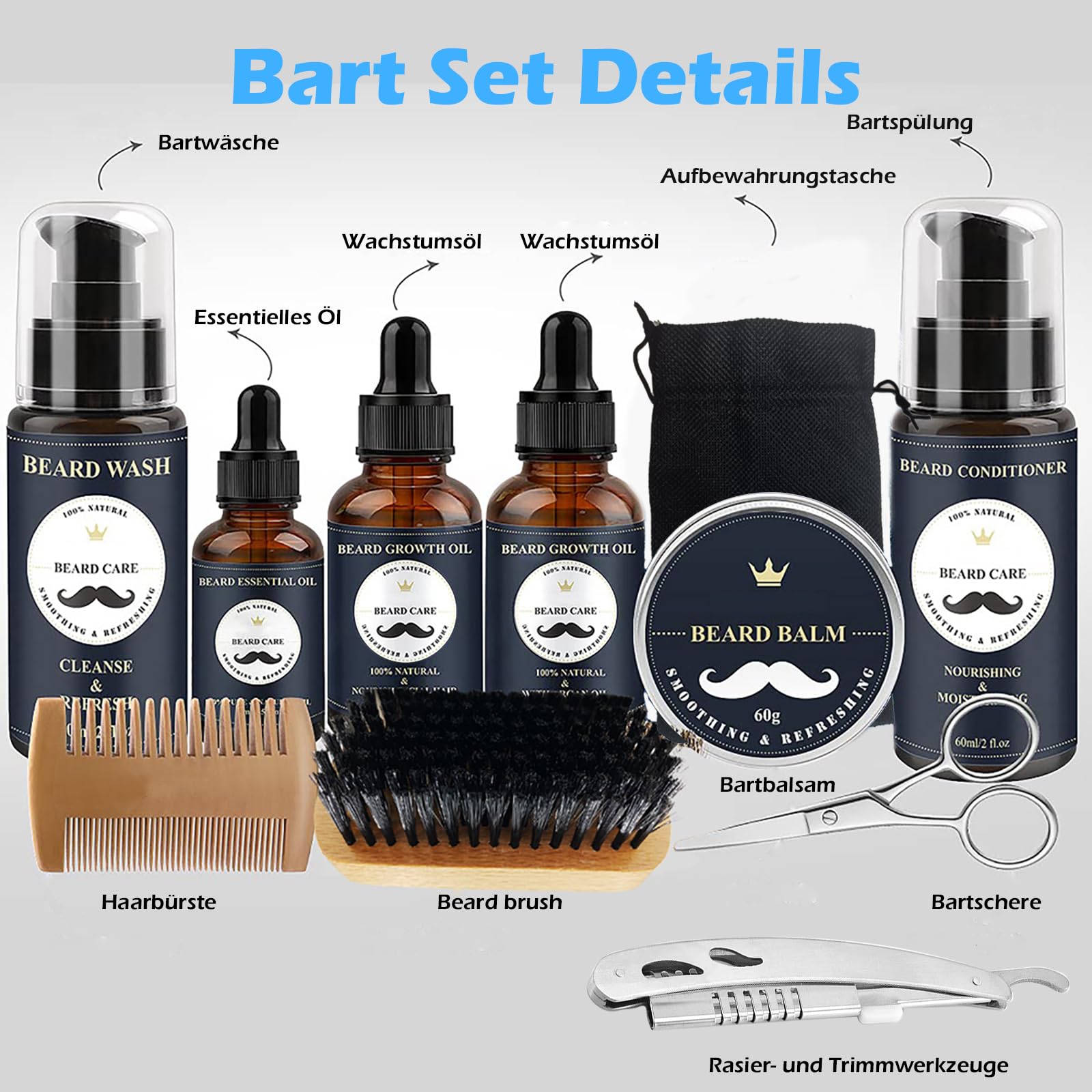 Joric Set per la cura della barba da uomo, con shampoo, olio per barba, balsamo per barba, balsamo per barba, set con spazzola, pettine, forbici