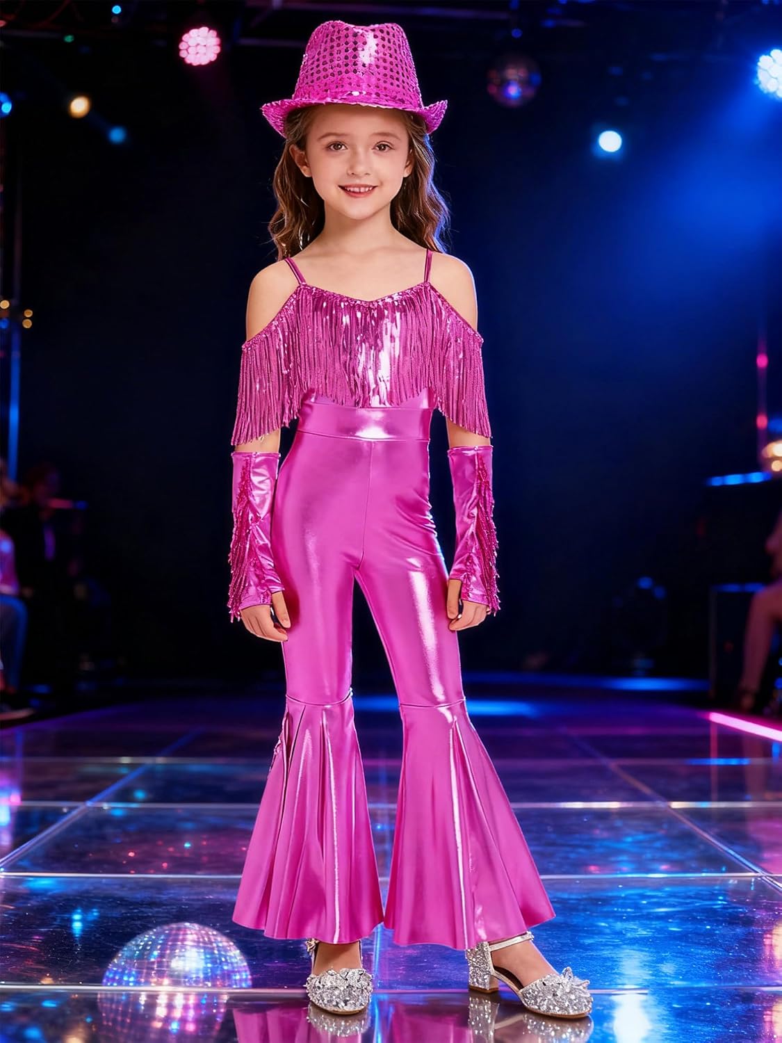 YiZYiF Kids Girls Metallic Flared Pants Jumpsuit Spaghetti Straps Hippie Dance Unitard Hat Arm Sleeve Set for Performance