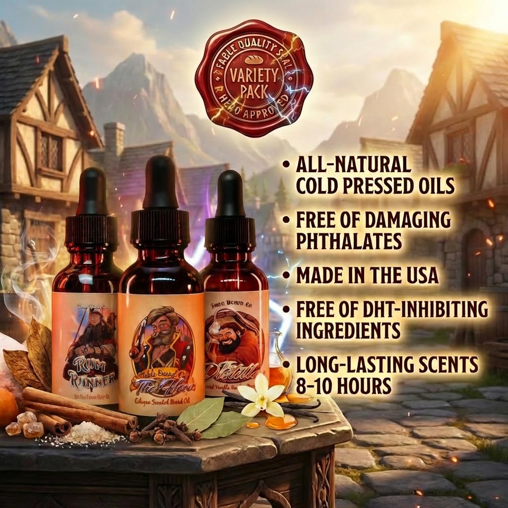 Fable Beard Co. Beard Oil - Heritage Reserve Collection, Tobacco, Bay Rum Spices & Vanilla Bourbon, Natural Beard Oil for Men with Jojoba & Argan Oils, Vitamin E, Beard Softener, Made in USA (3 Fl Oz)