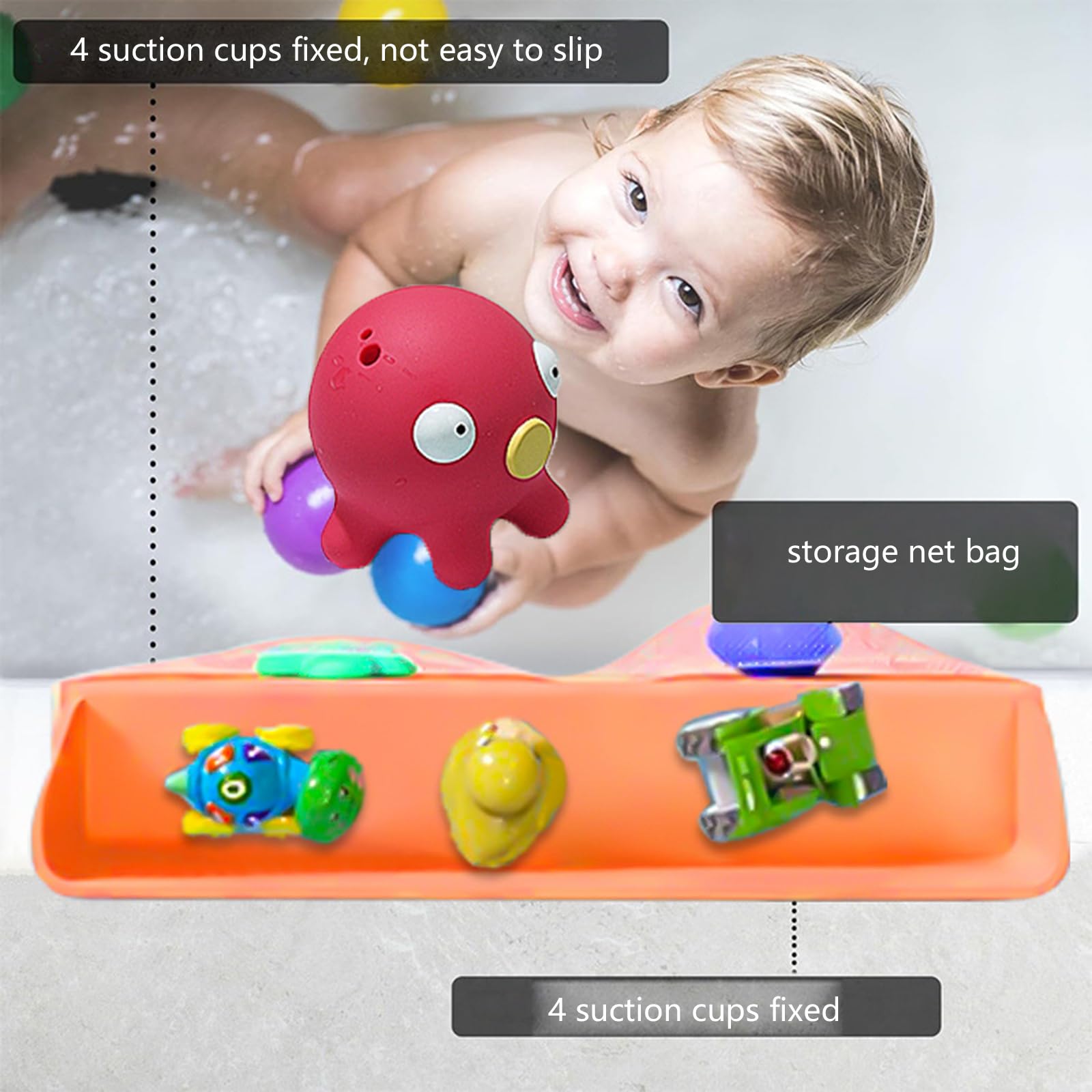 Divisorio per Vasca da Bagno a Prova fuoriuscite Paraspruzzi in Silicone con Tasca in Rete Portaoggetti per Giocattoli con Ventosa Blocco Acqua per Bagnetto per Bambini
