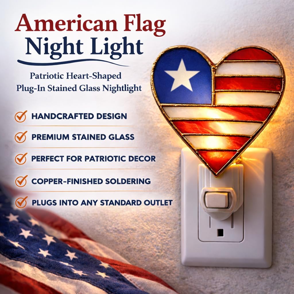 American Flag Night Light - Patriotic Heart Shaped Plug in Stained Glass Nightlight -Ideal for Independence Day & Memorial Day from SassyXpressions