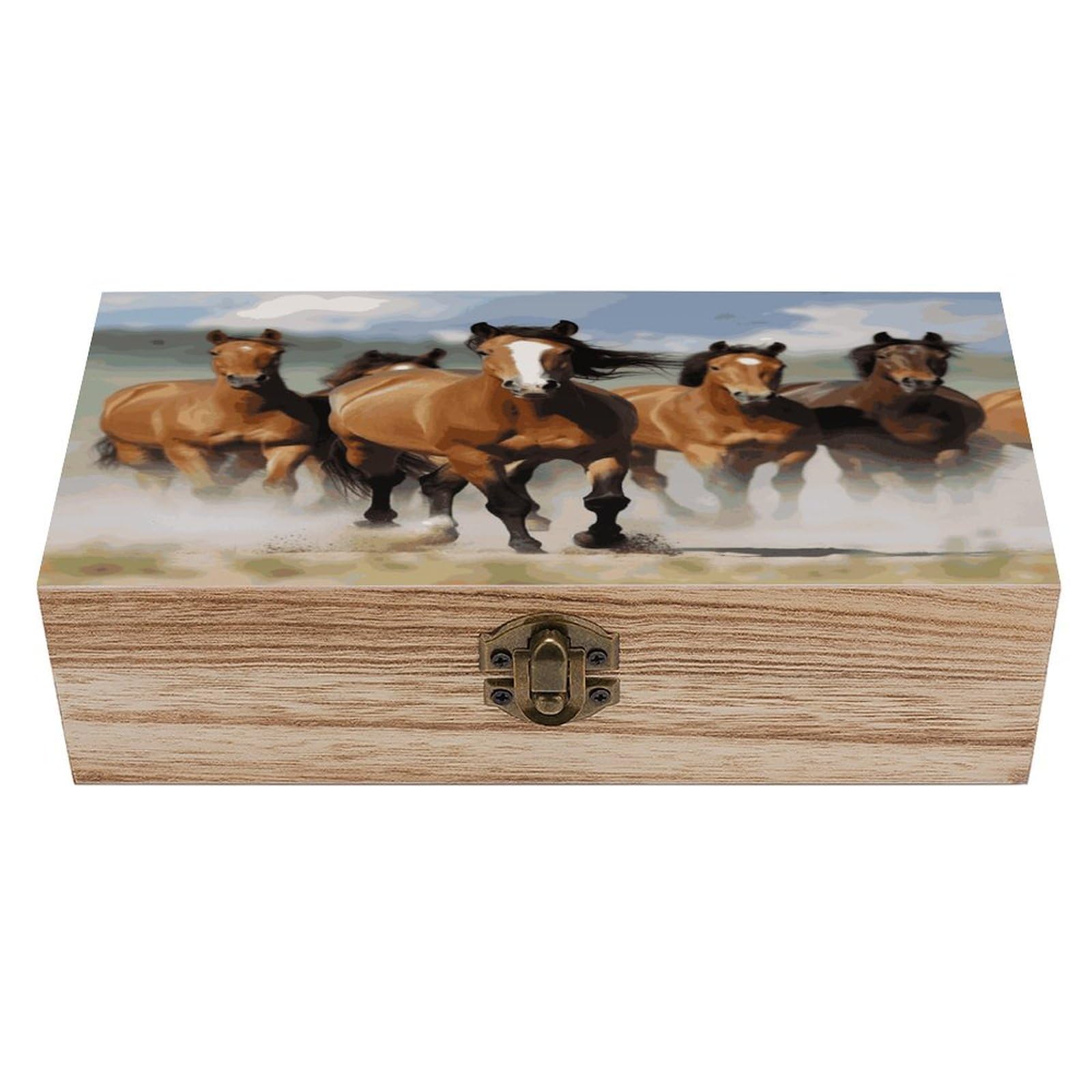 Btcowzrv Style Horses Wooden Storage Box, Keepsake Box With Hinged And Retro Lock, Wood Jewelry Organizer For Photos & Mementos And Home Decor