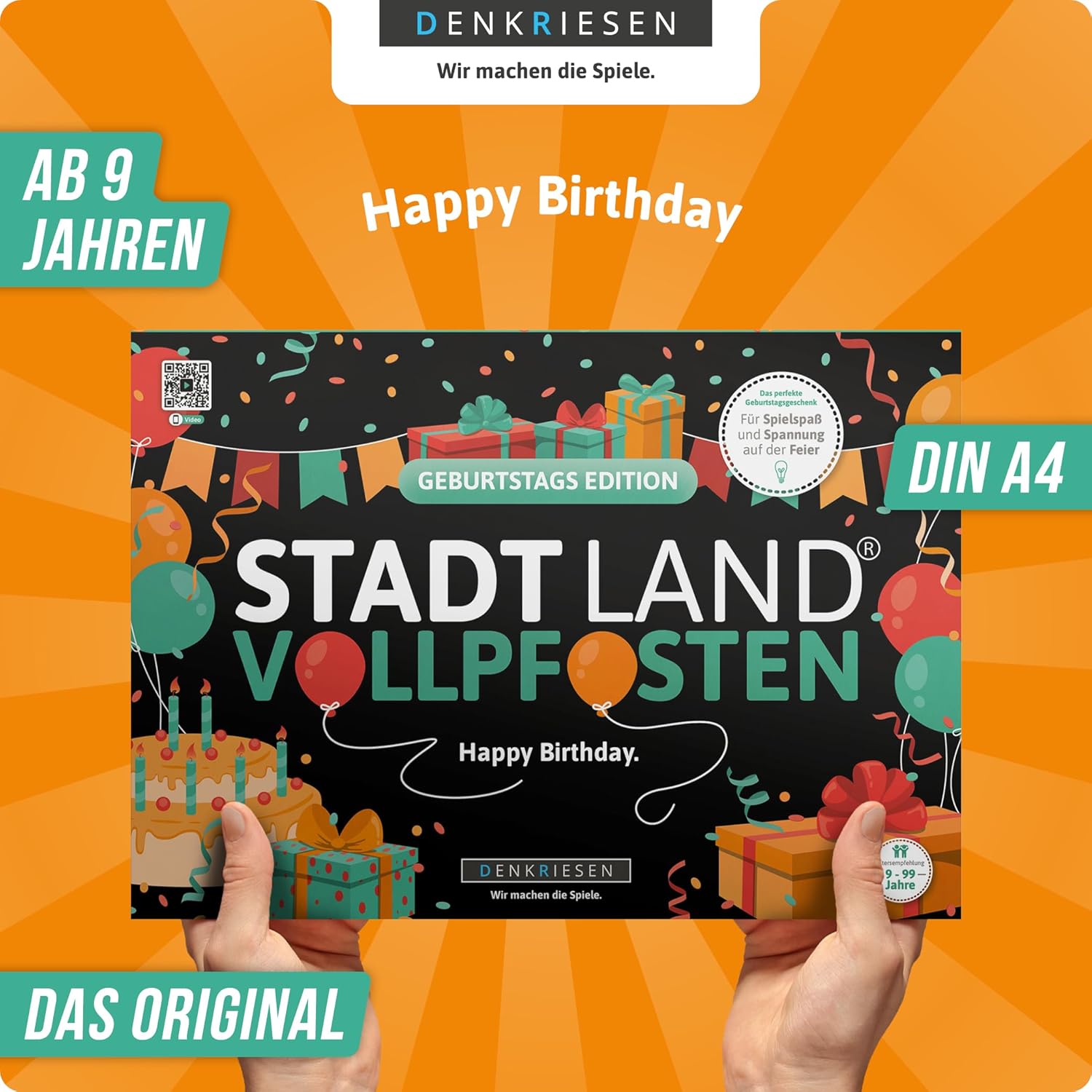 DENKRIESEN - Stadt Land VOLLPFOSTEN® - Birthday Edition - 'Happy Birthday.' - DIN A4 Game Pad | from 9 Years | 50 Sheets | Gift Idea | Party Game | Family | Easter Gift | Fun Pre-Programmed