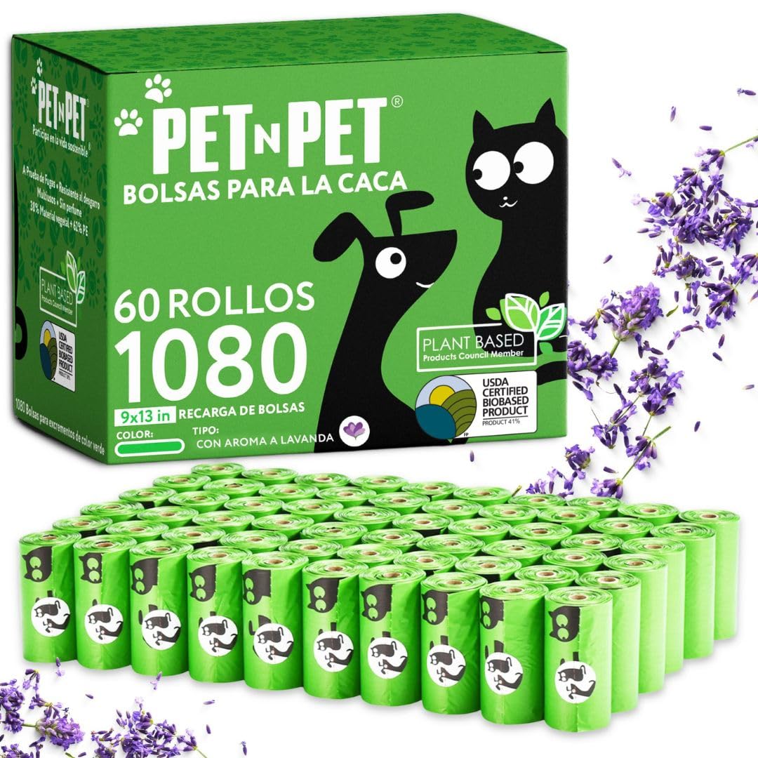 PET N PET Bolsas Caca Perro, 1080 Unidades (60 Rollos), Bolsas Perro Caca Extra Resistentes, 41% Biobased USDA Certified, Bolsas para Excrementos de Perros, Dog Poop Bags, Lavendelduft