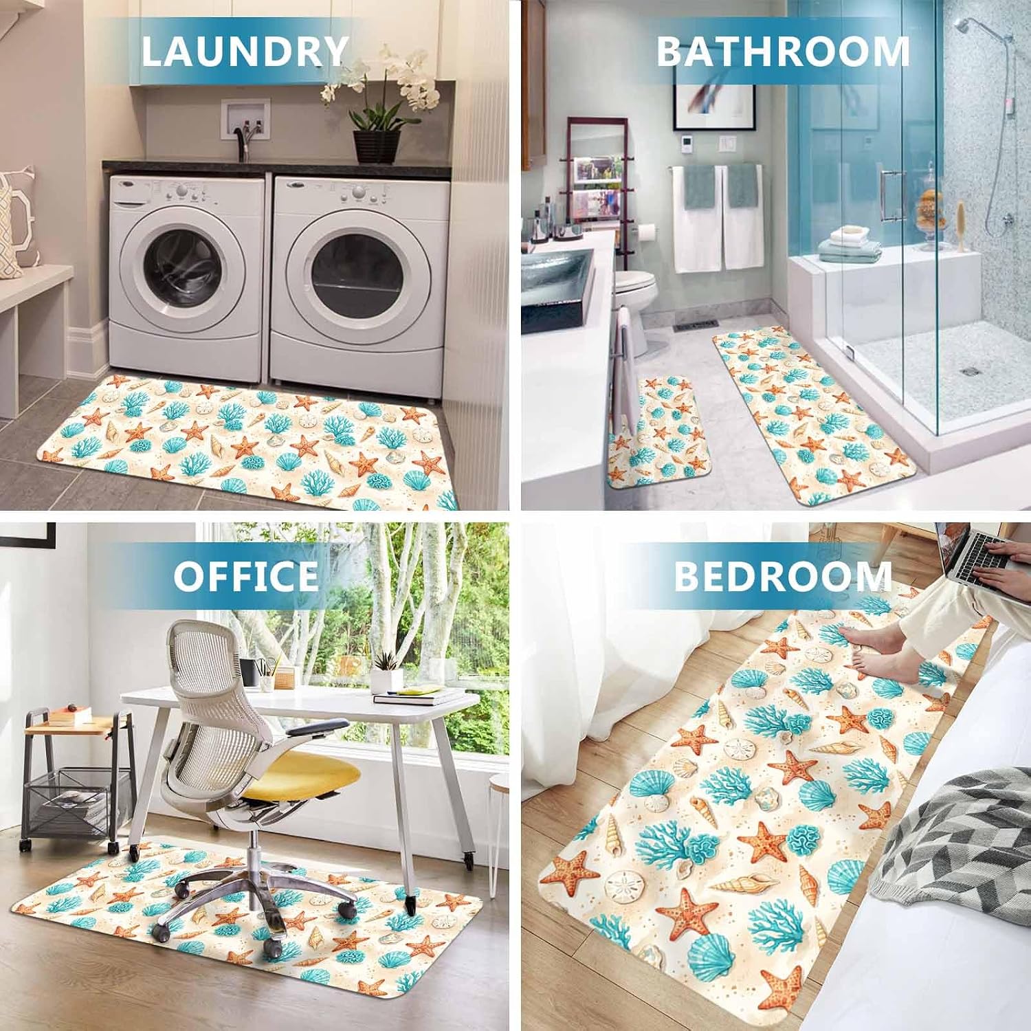 Prime Leader Bohemian Tropical Beach Kitchen Mat Set 2 Pieces Nautical Teal Coral Shell Orange Starfish Non Slip Kitchen Rugs Washable Runner Rug Mats for Sink Laundry (19.7" x 31.5"+19.7" x 47.2")