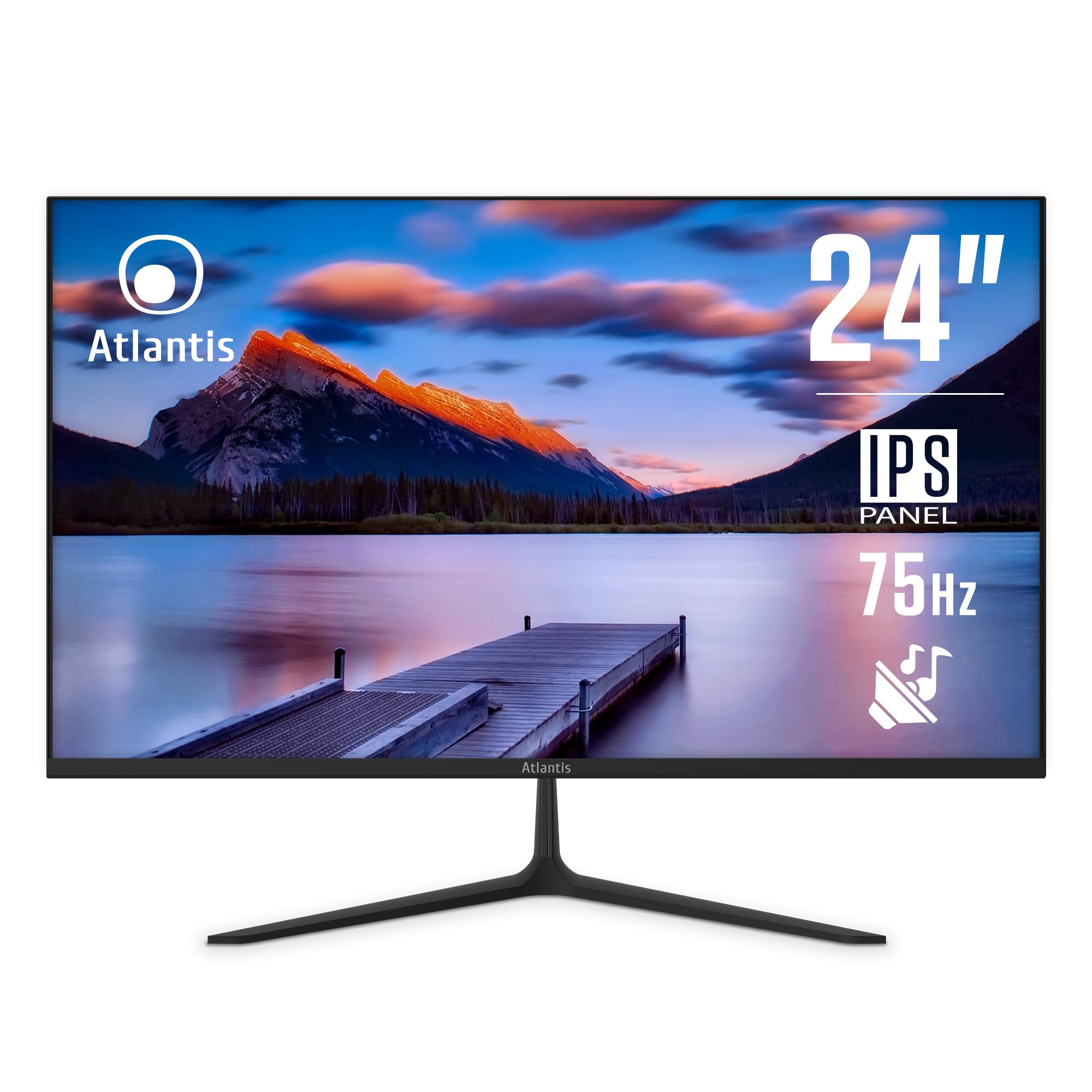 Atlantis Monitor 24 pollici, schermo 24" IPS 75Hz, Full HD 1920x1080, VGA HDMI DP, MULTIMEDIALE, FreeSync, Uscita Audio/Cuffie, inclin, risposta 5ms, Contrasto 1000:1, Angolo 178/178, Cavo HDMI 1,5m