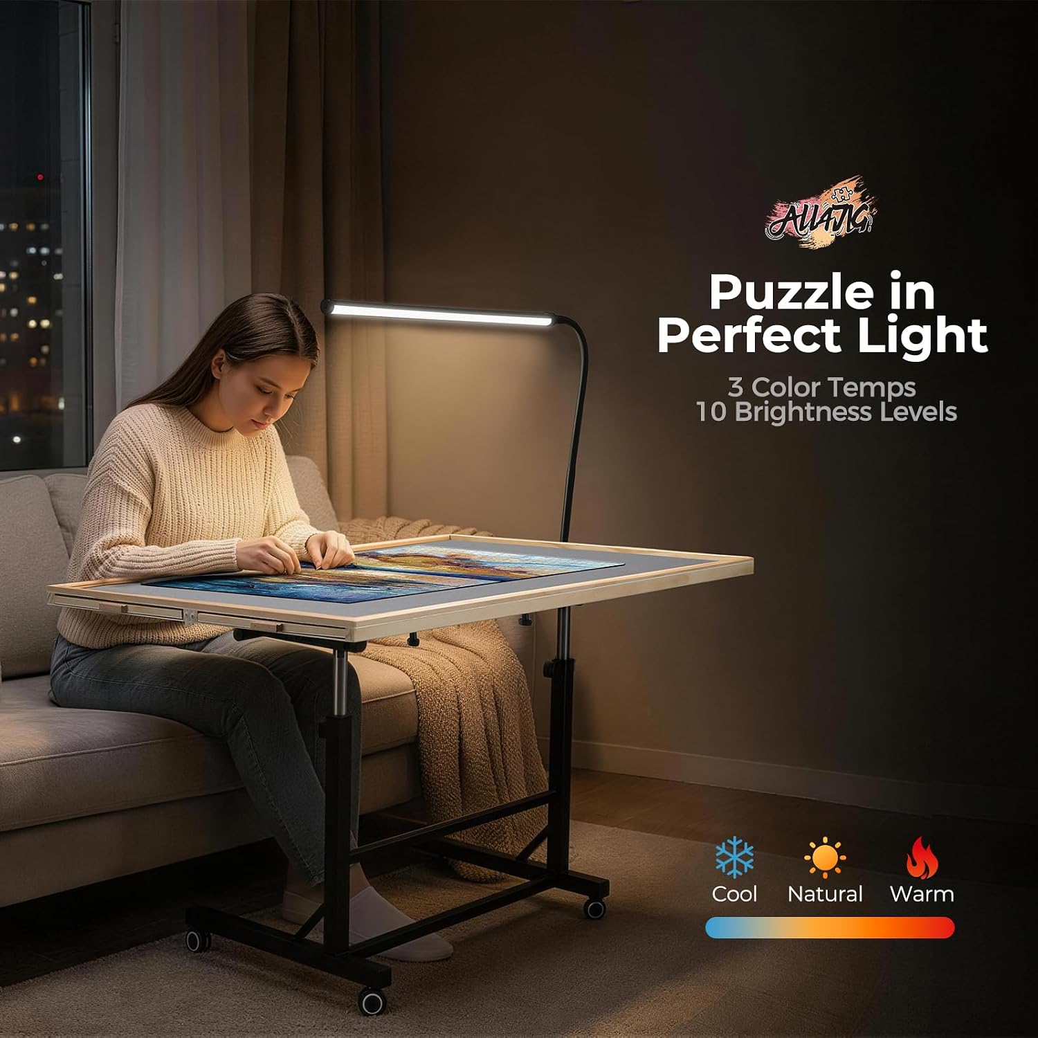 ALL4JIG 1500 Pieces Rotating Puzzle Table with LED Light, 33.58"×24.92" Wooden Jigsaw Puzzle Board with 4 Drawers & Cover, Upgraded Stability, Swivel Rolling Wheels & Vertical Storage Option