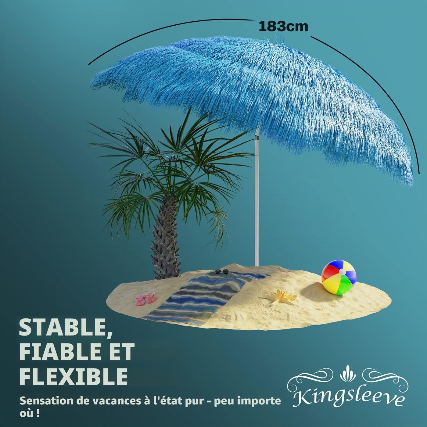 Kingsleeve® Parasol inclinable Hawaii 192 cm bleu Parasol de plage Ø 160 cm réglable Jardin terrasse extérieur