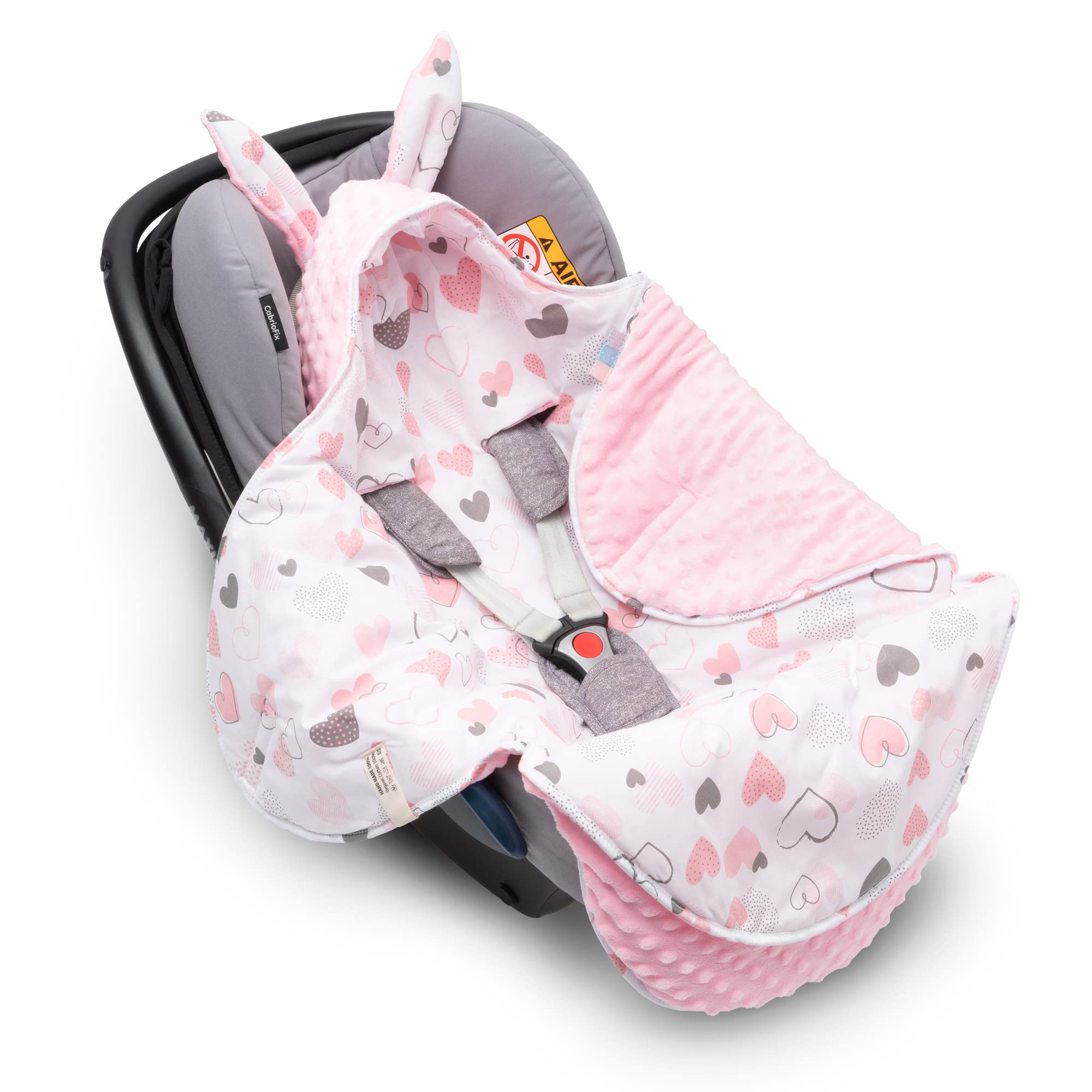 Mikos* Einschlagdecke für Babyschale Winter Kinderwagendecke, Fußsack Neugeborenes und Baby - Soft Minky und 100% Baumwolle, mit Füllung Kinderwagen Buggys z.B.Maxi Cosi 3 Punkt Gurt (37) (Rosa)