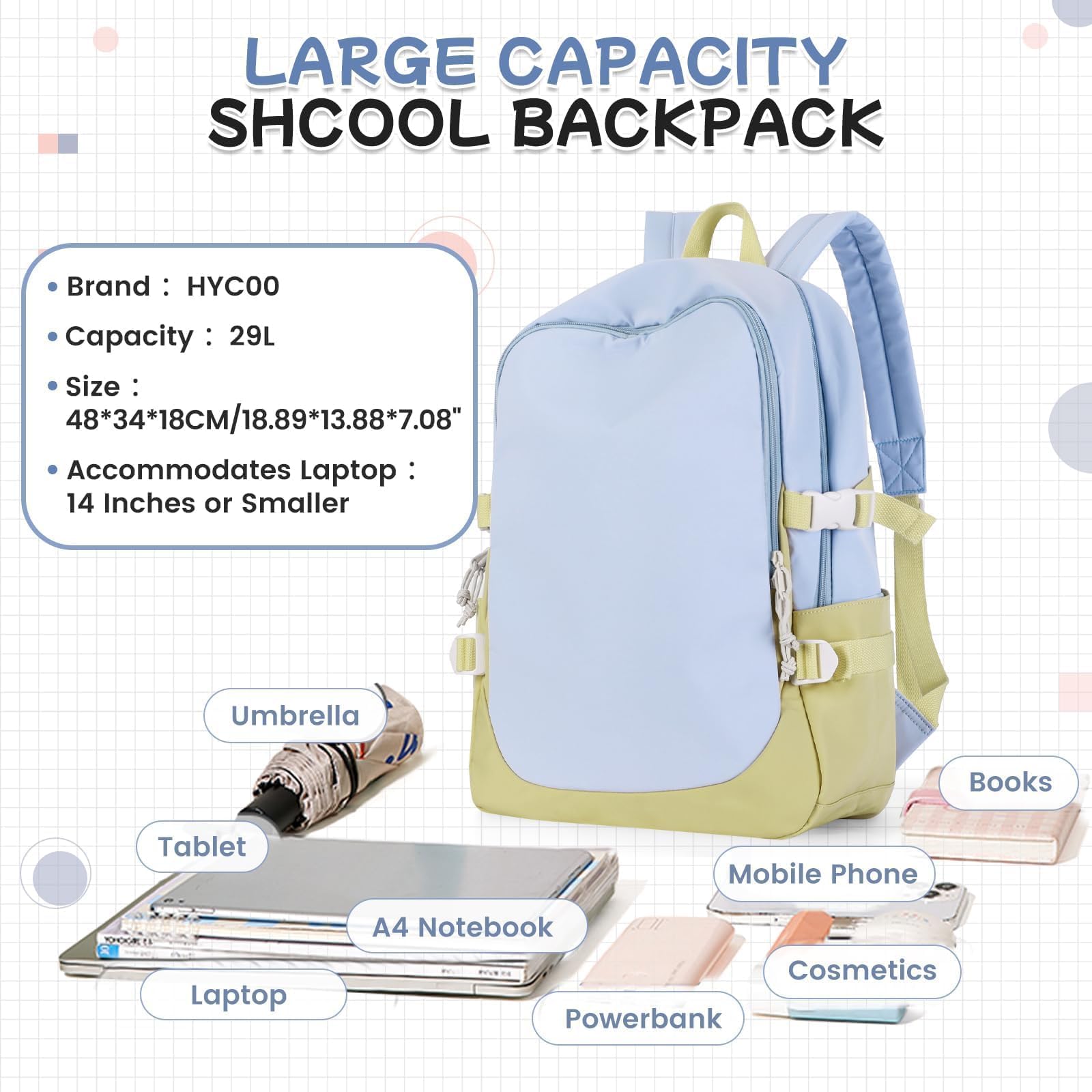 HYC00 Zaino Scuola Superiore Ragazza,Zaino da Scuola Media Ragazzo Zaino Università Leggero Resistente all'acqua College Casual Daypacks, Zaino PC 14 Pollici Zaini Scuola Cartella Adolescente