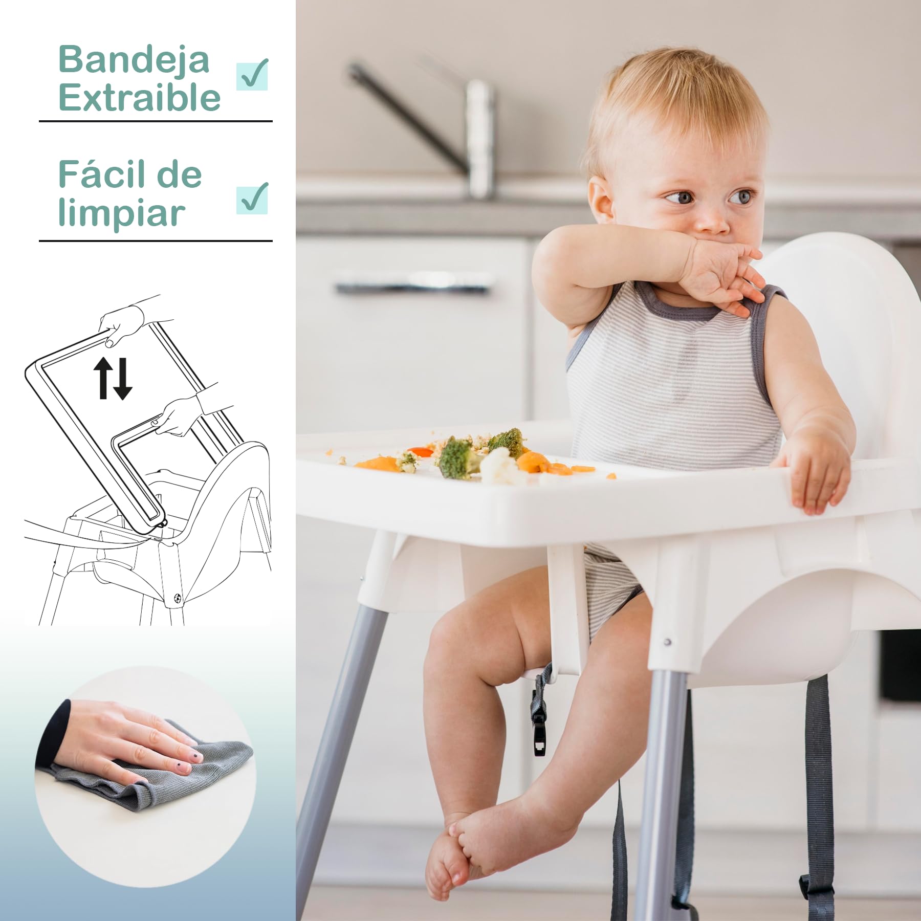 Chaise Haute Bébé Premium avec Plateau Amovible – Chaise Haute Empilable, Démontable et Facile à Nettoyer · Pieds en Acier · Harnais de Sécurité · Usage Domestique et Professionnel · Compatible avec I
