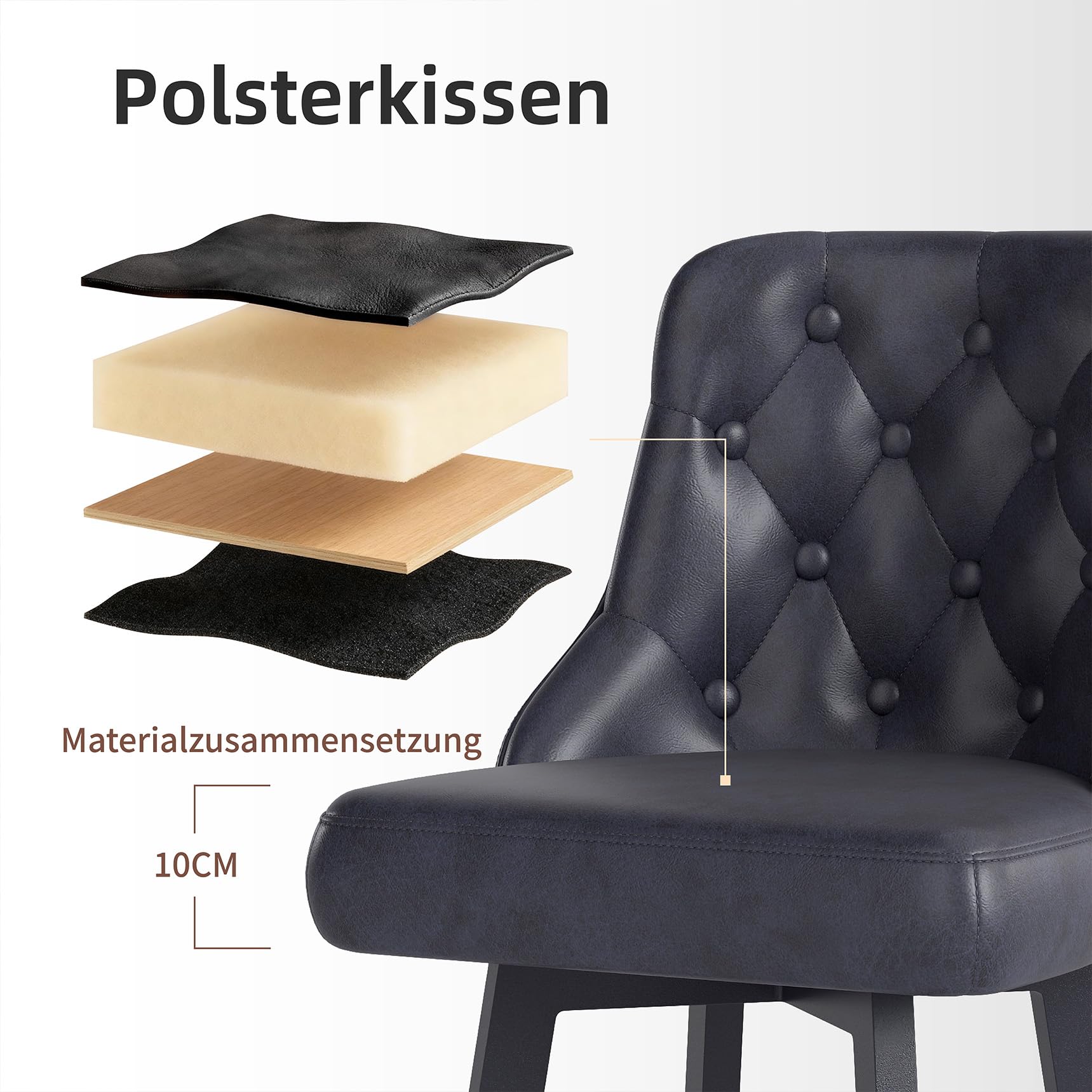 Youhauchair Barhocker 2er Set, Wasserdichtes PU-Leder, Schwarz