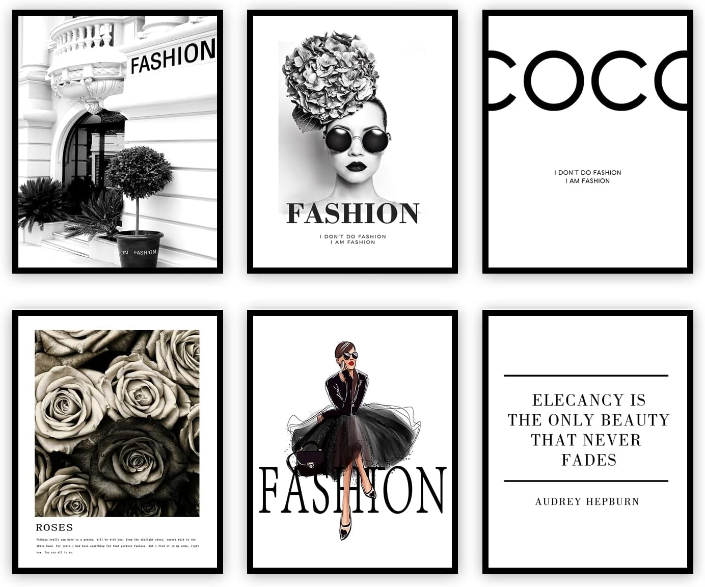 Fashion Wall Art Print Set of 6 Pieces Canvas Wall Art Black & White Fashion Poster Coco Woman Rose Inspirational Quotes for Bedroom Living Room Girls Wall Decor and Gorgeous Wall Decor (8 x 10