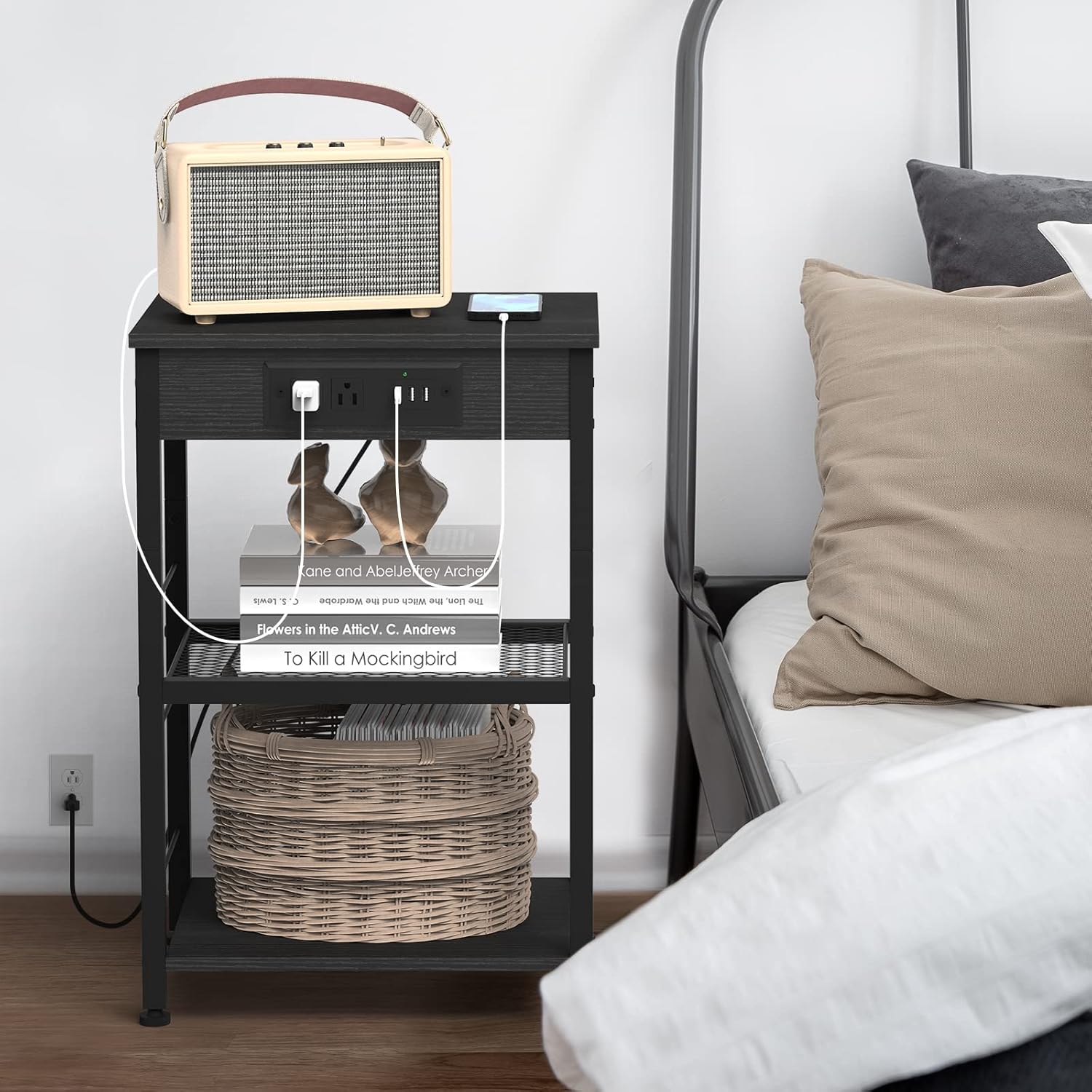 Bedside Nightstand Black with Charging Station, USB Ports, 3 Tier Side Table with Storage Shelf Modern Night Stand Square End Table for Bedroom Living Room