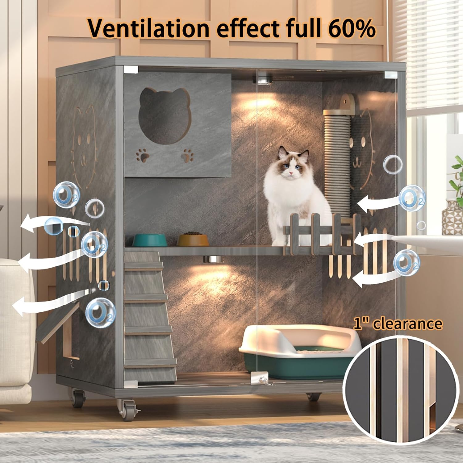 review Large Indoor Cat Enclosure, Wooden Large Cat Villa, Indoor/Outdoor Cat Enclosure with Wheels, Multi-Feature Enclosed Cat Houses for Indoor Cats Ventilation Glass Doors, 38