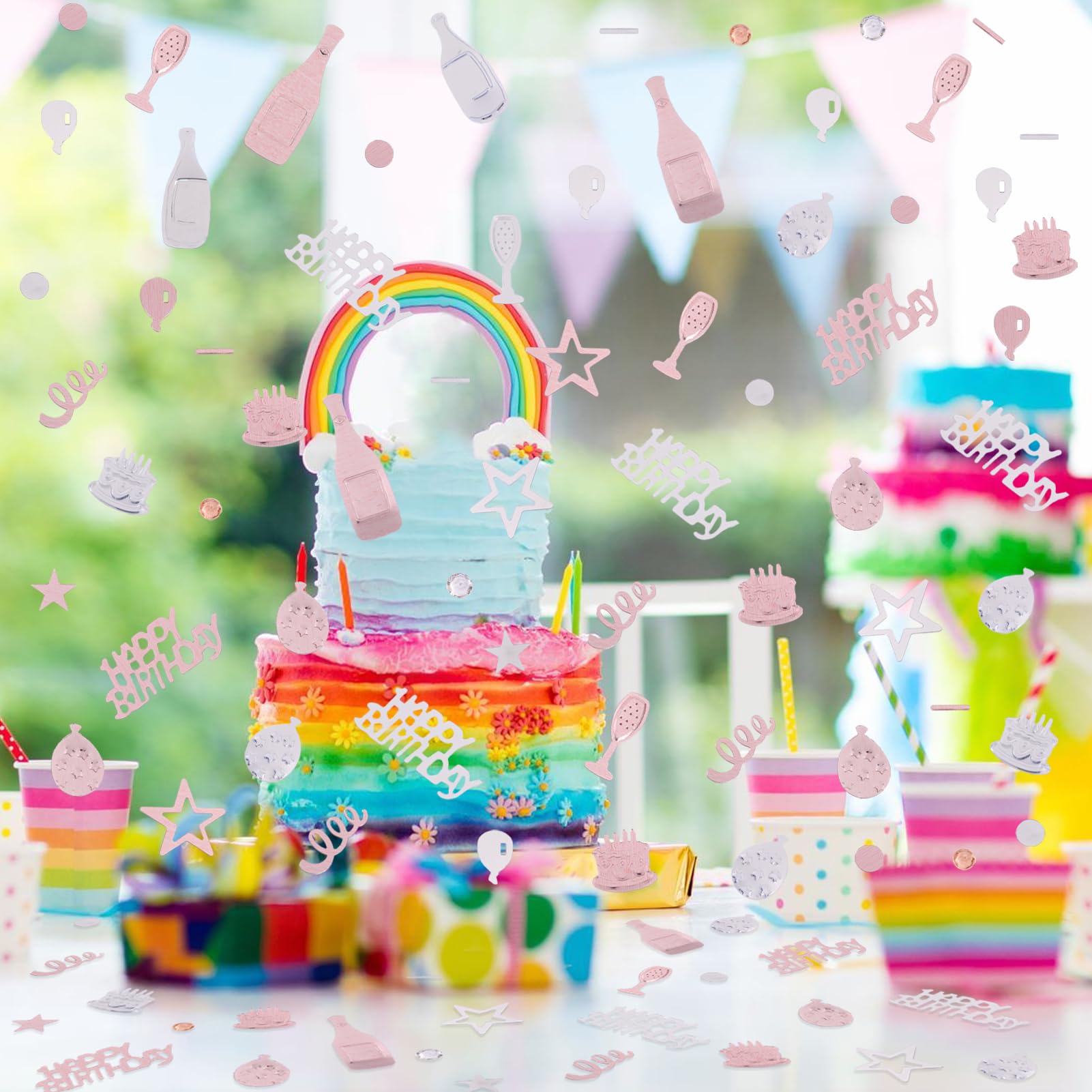 Coriandoli Oro Rosa E Argento Per Compleanno - 300 Pezzi Misti Con Scritte Happy Birthday, Stelle, Palloncini - Decorazioni Tavolo Festa Ragazze Donne