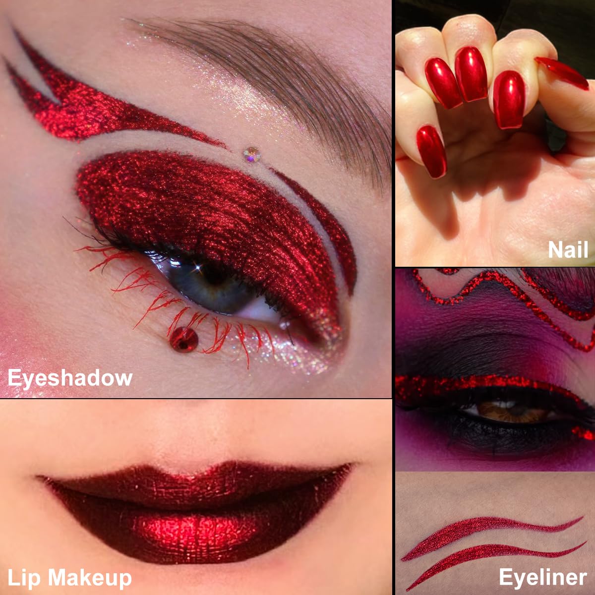 Sombra de ojos con purpurina roja camaleón, altamente pigmentada, paleta de sombra de ojos roja con purpurina metálica única, cambio de color intenso, cromado, rojo verdadero 3