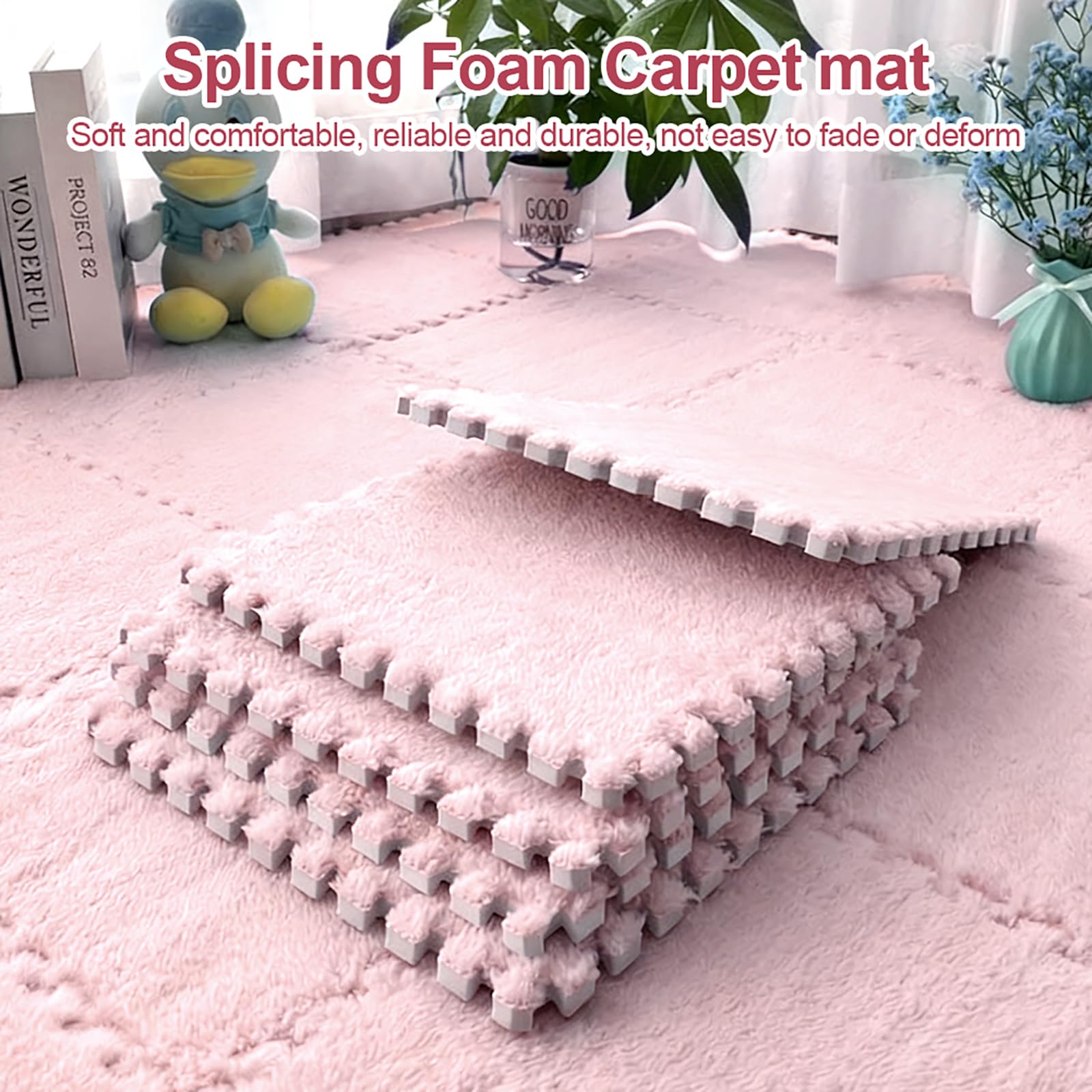 12 Pezzi Tappeto Puzzle in EVA, Tappeti Puzzle in Peluche Interconnessi, 30x30cm Tappeto Gioco Antiscivolo per Camera da Letto, Soggiorno e Cameretta Bambini (Rosa Chiaro)