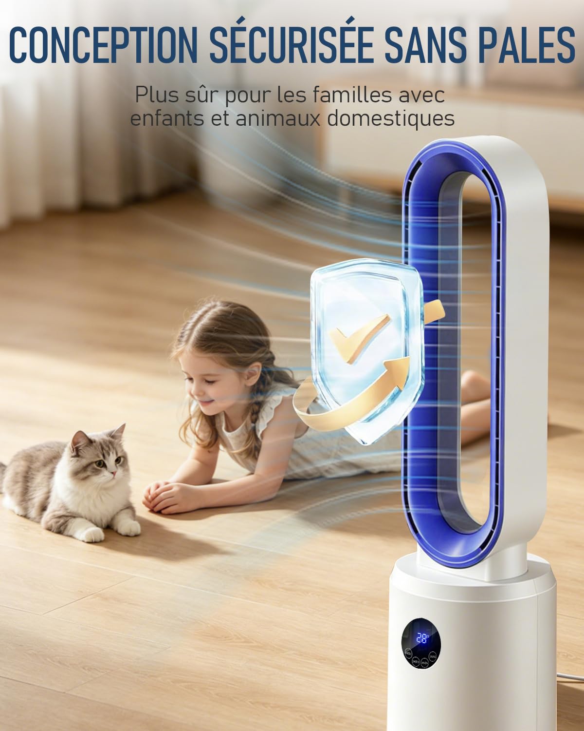 Ventilateur sans Pale - Ventilateur Colonne Silencieux 24 Vitesses avec Télécommande et Minuterie 12h, Moteur DC Écoénergétique, Écran LED Oscillation 60° Purification d'Air pour Chambre