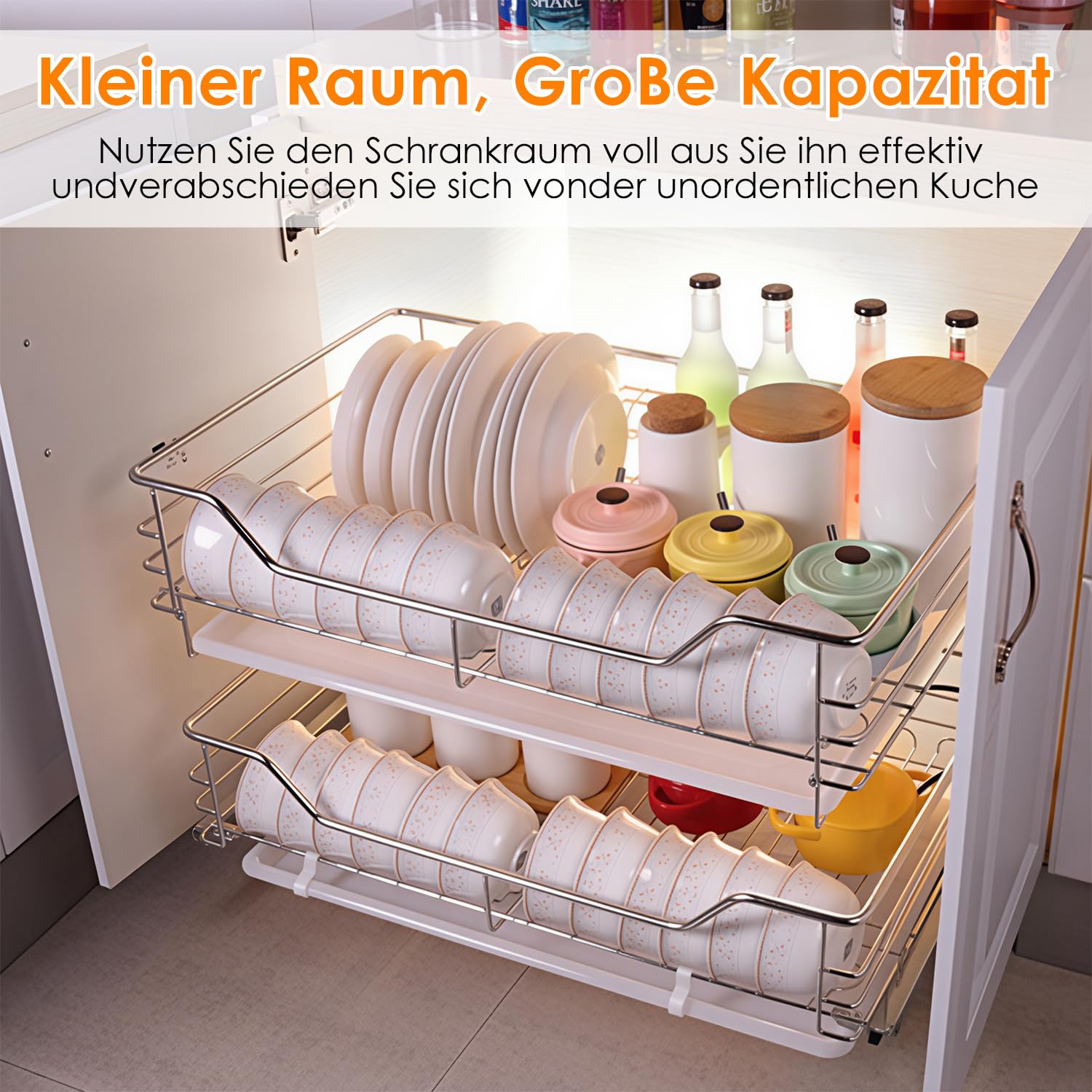Teleskopschublade 4er Set 60cm, Schrankauszug Vollauszug mit Doppelschienensystem, 20 kg Tragfähigkeit, Ausziehbare Küchenschublade aus Metall für Küchenschrank, Bad und Waschraum