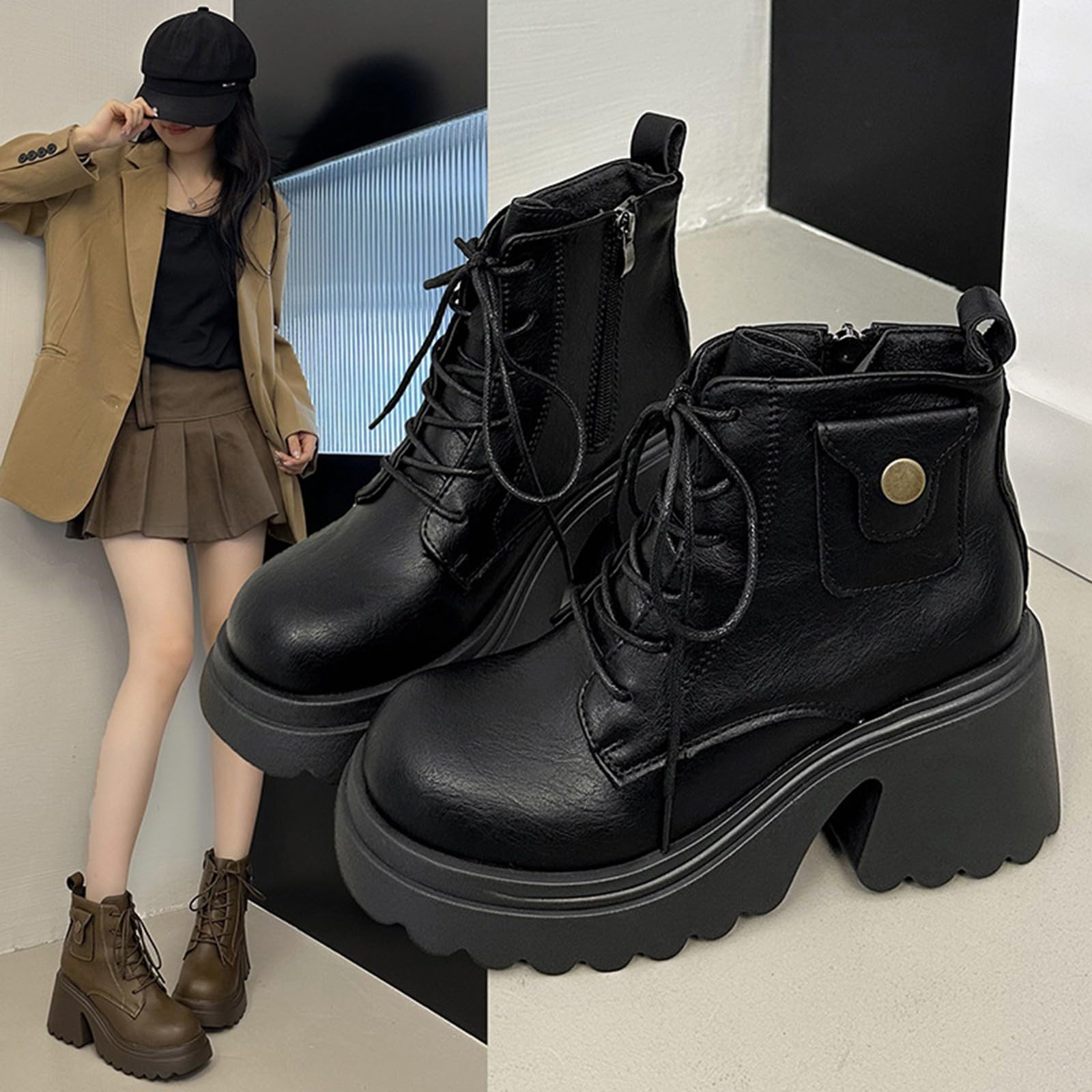 Genérico Botas de Mujer con Cordones Plataforma Botas Puntera Redonda Elegantes Zapatos Suaves y Cómodas Caminar Bota Informales Antideslizantes Botin para Otoño Invierno Trabajo Paseo y Uso Diario