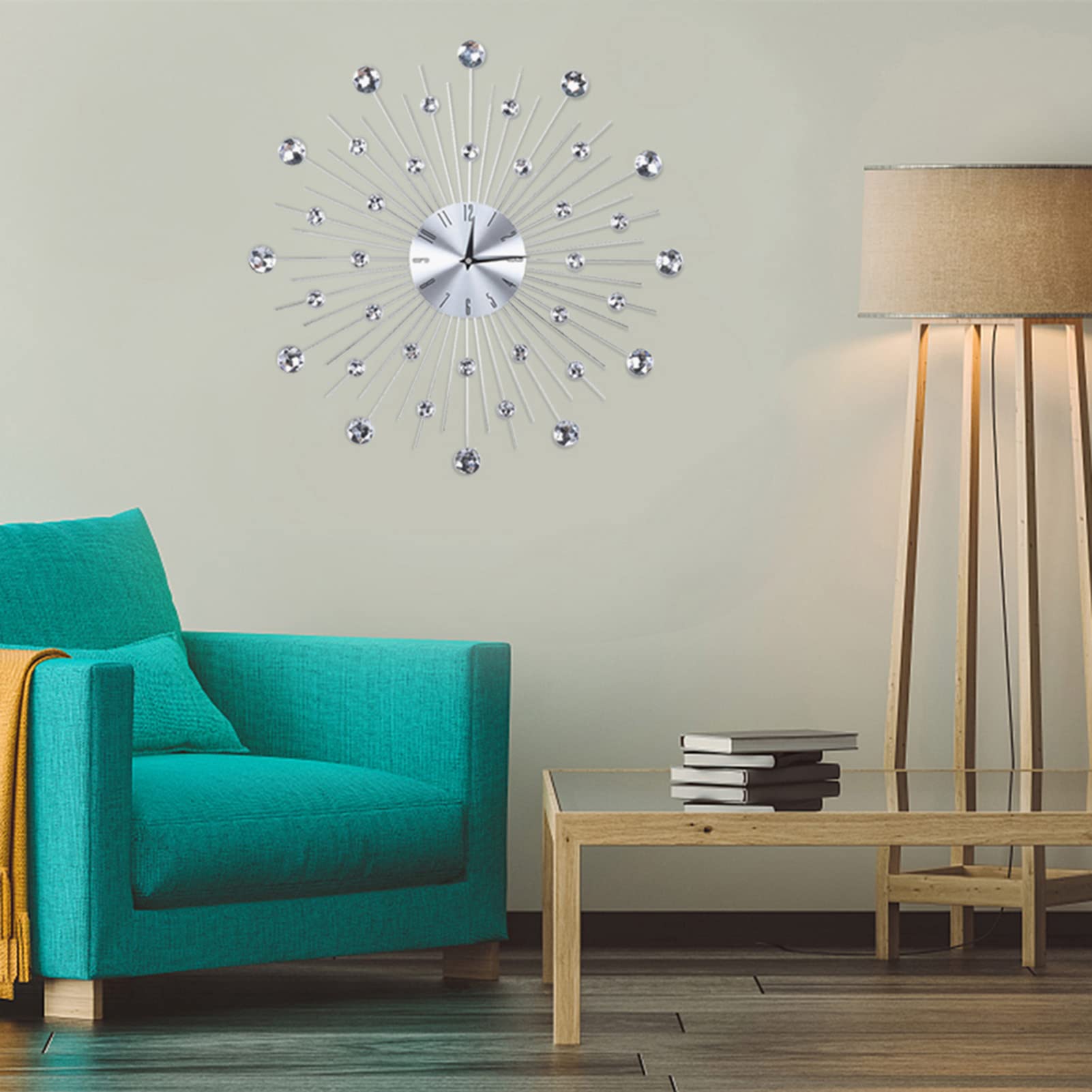 Reloj de Pared de Cristals, Reloj de Pared Brillante, Reloj Decorativo de Pared de Metal con Tachuelas de Diamante, Reloj de Decoración de Pared para Sala de Estar Dormitorio Oficina(Plata)